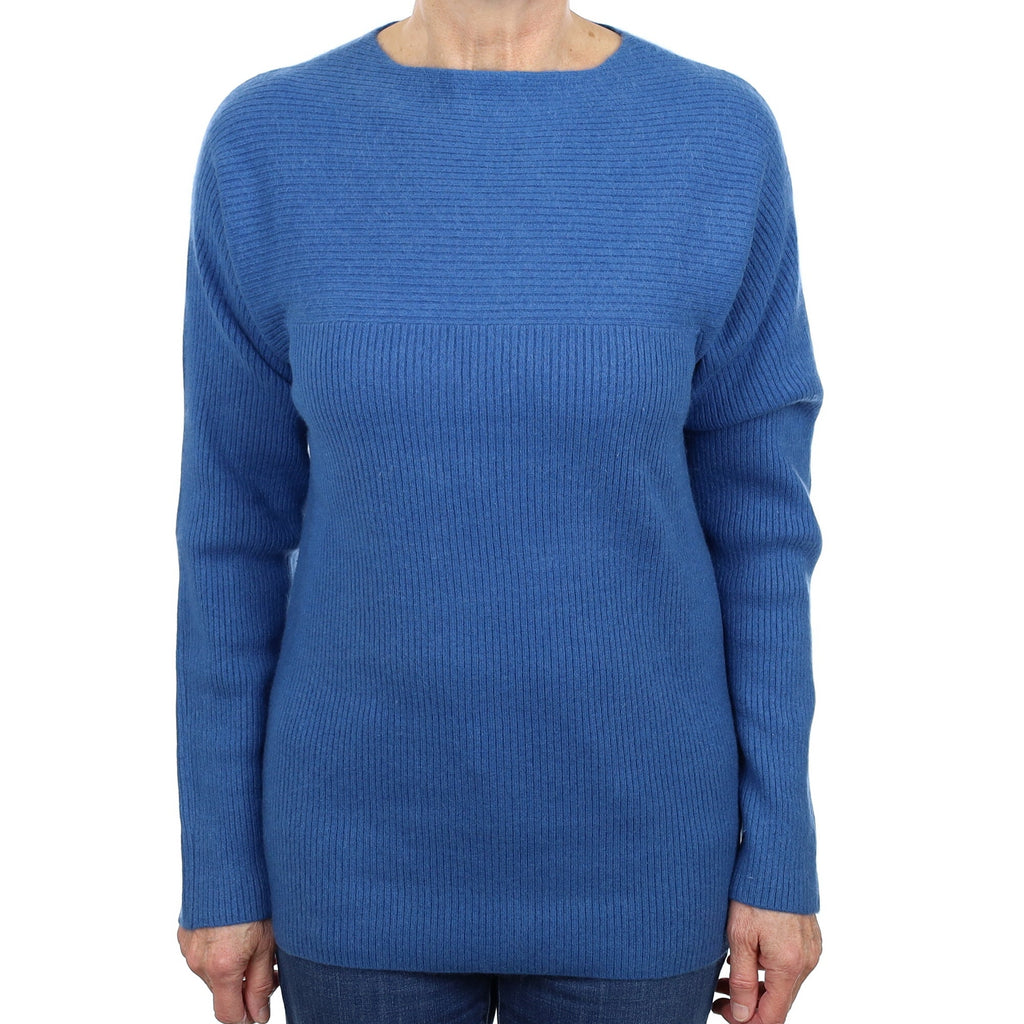 Ocean Blue Rib Cashmere Boat Neck Tunic Jumper Medium