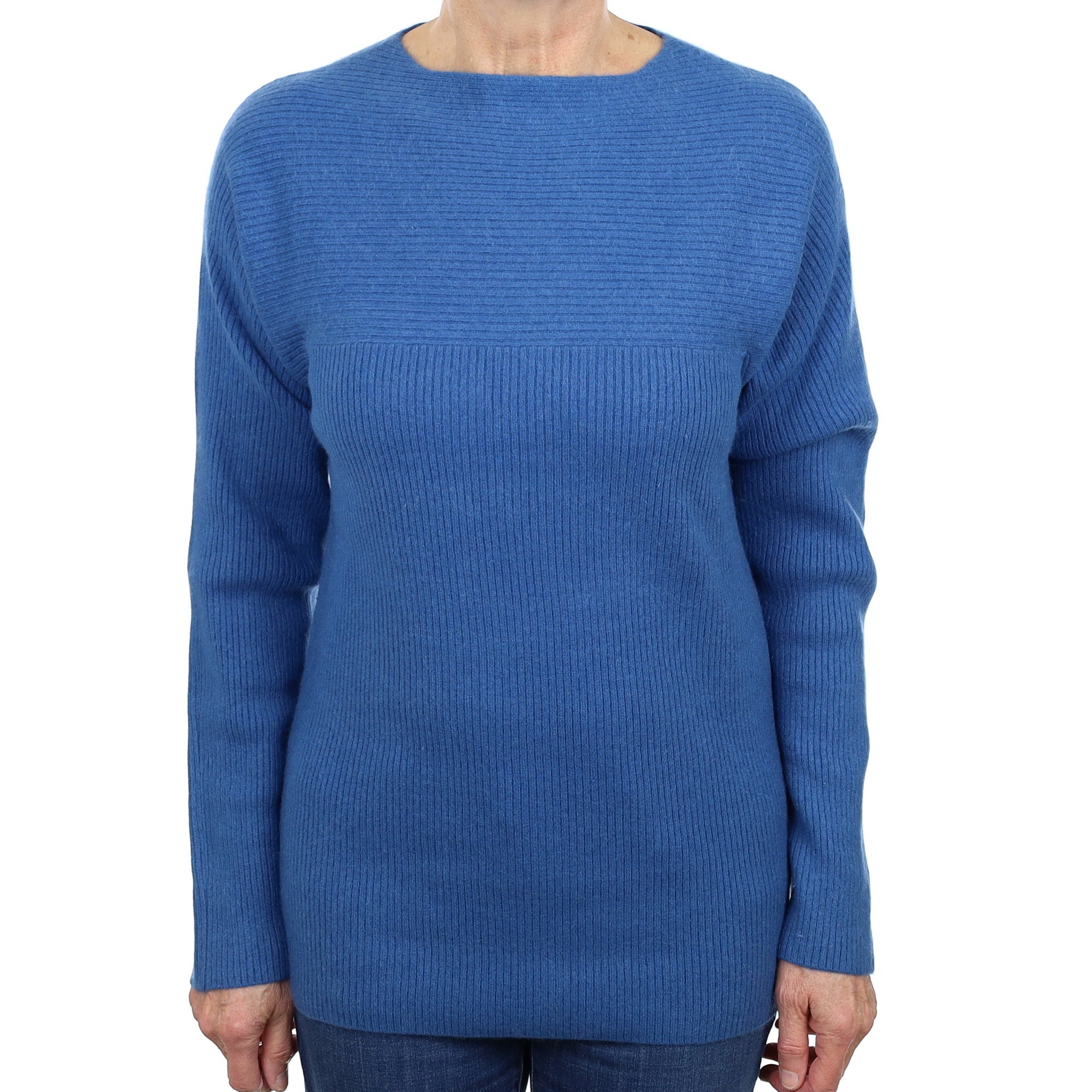 Ocean Blue Rib Cashmere Boat Neck Tunic Jumper Medium