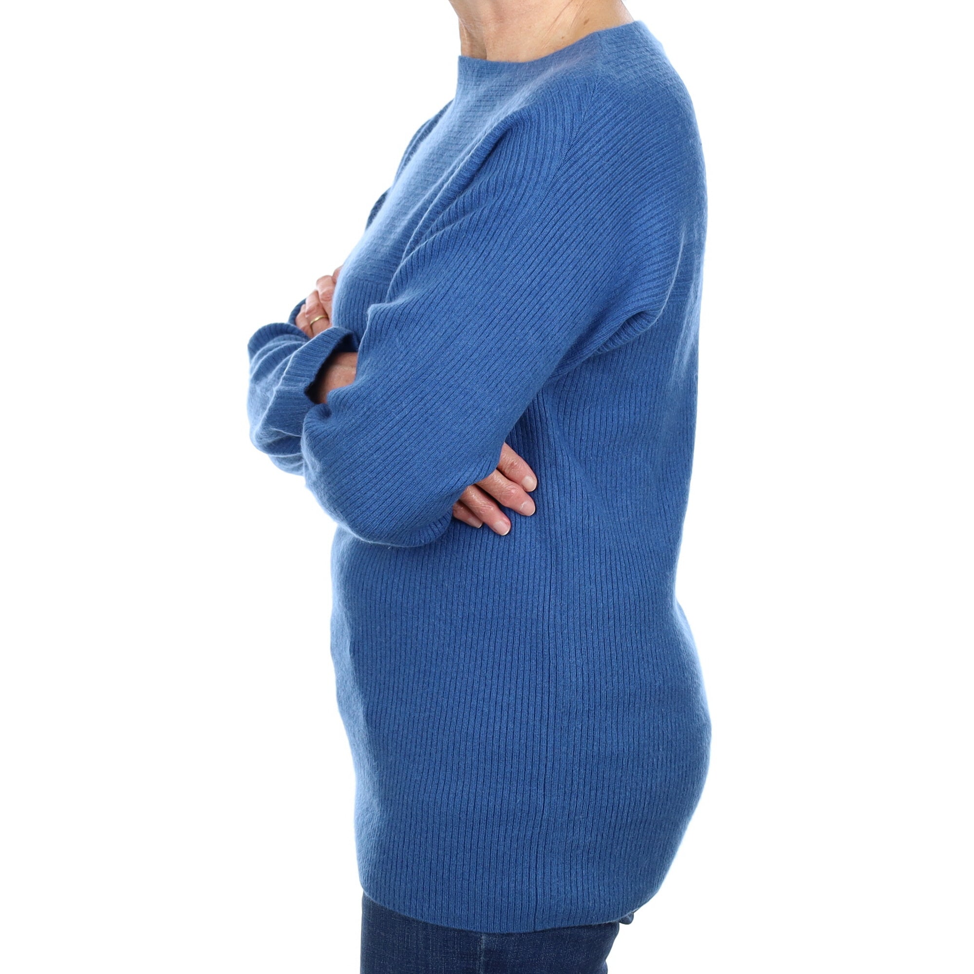 Ocean Blue Rib Cashmere Boat Neck Tunic Jumper Medium