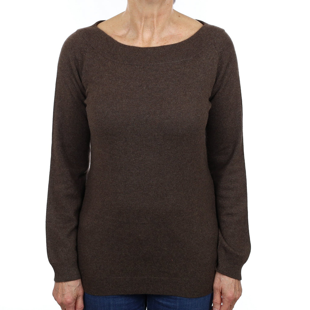 Walnut Brown Cashmere Boat Neck Jumper Medium