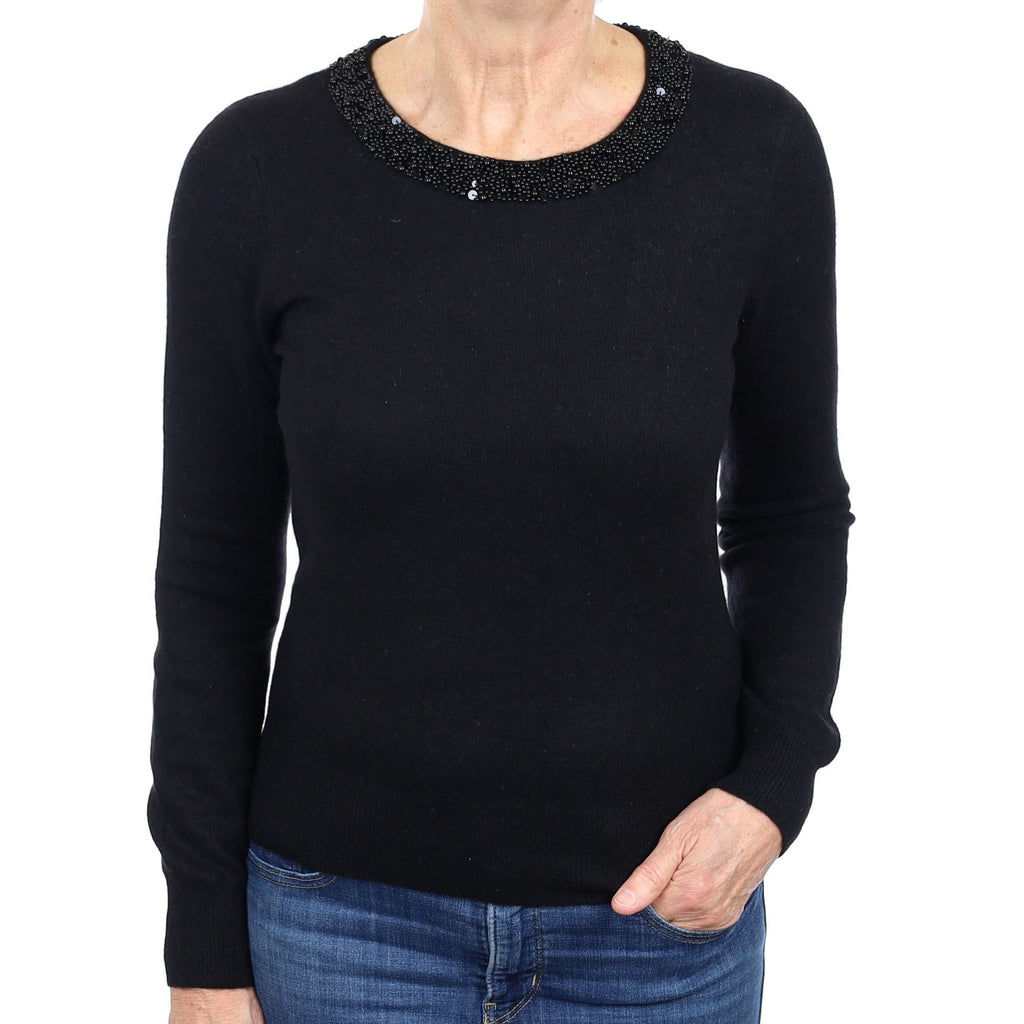 Black Beaded Cashmere Crew Neck Jumper Medium