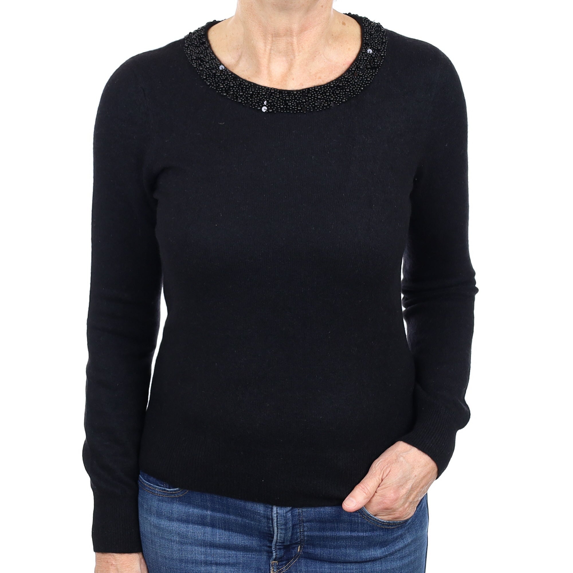 Black Beaded Cashmere Crew Neck Jumper Medium