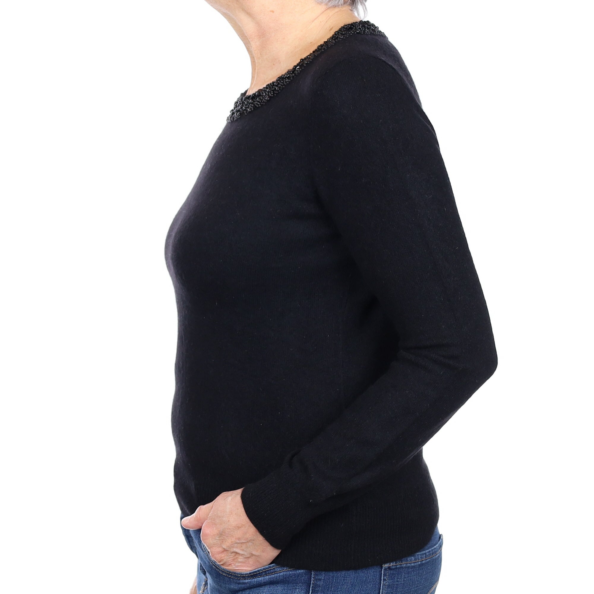 Black Beaded Cashmere Crew Neck Jumper Medium