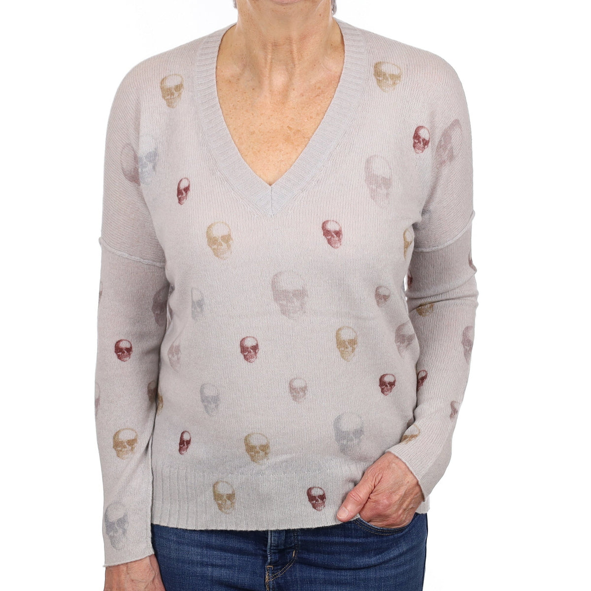 Skull Cashmere Dove Grey Lightweight V Neck Jumper Medium