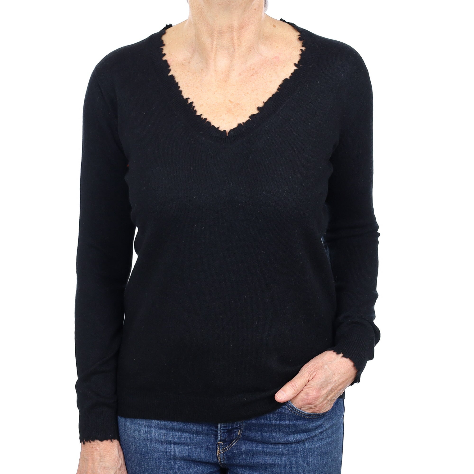 Black Cashmere Distressed V Neck Jumper Medium