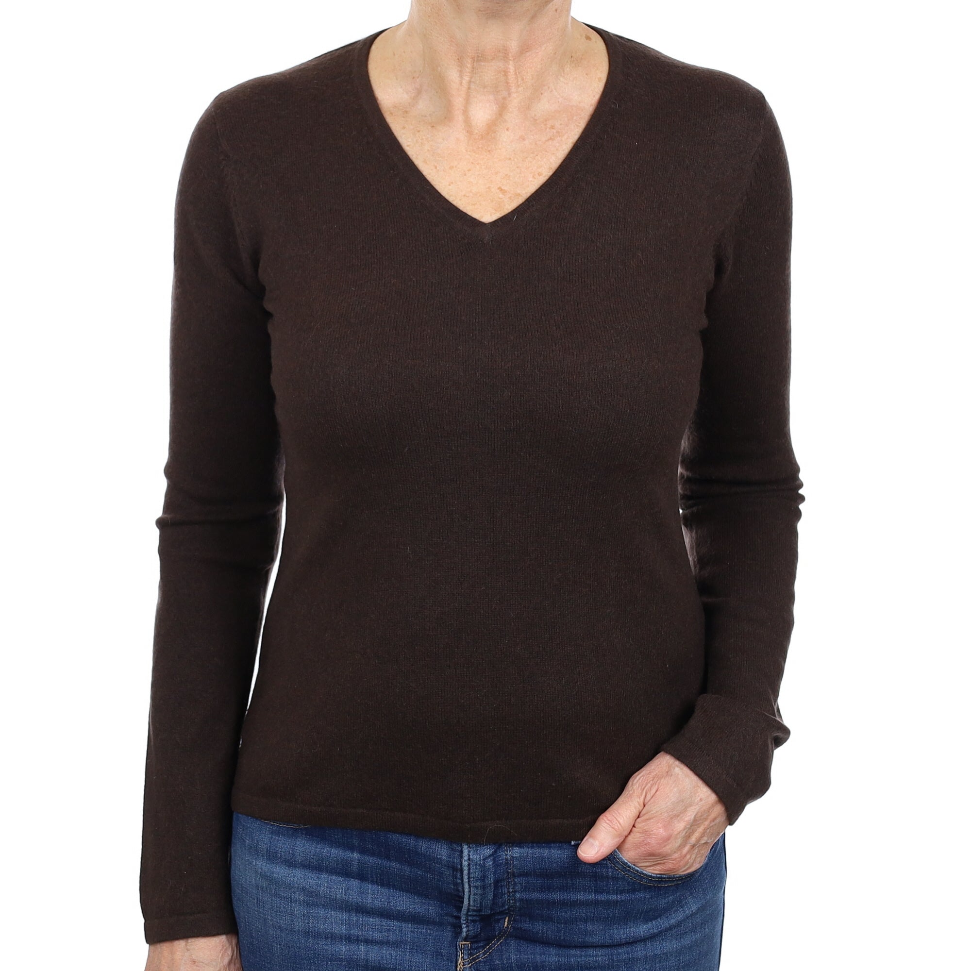 Dark Chocolate Cashmere V Neck Jumper Medium