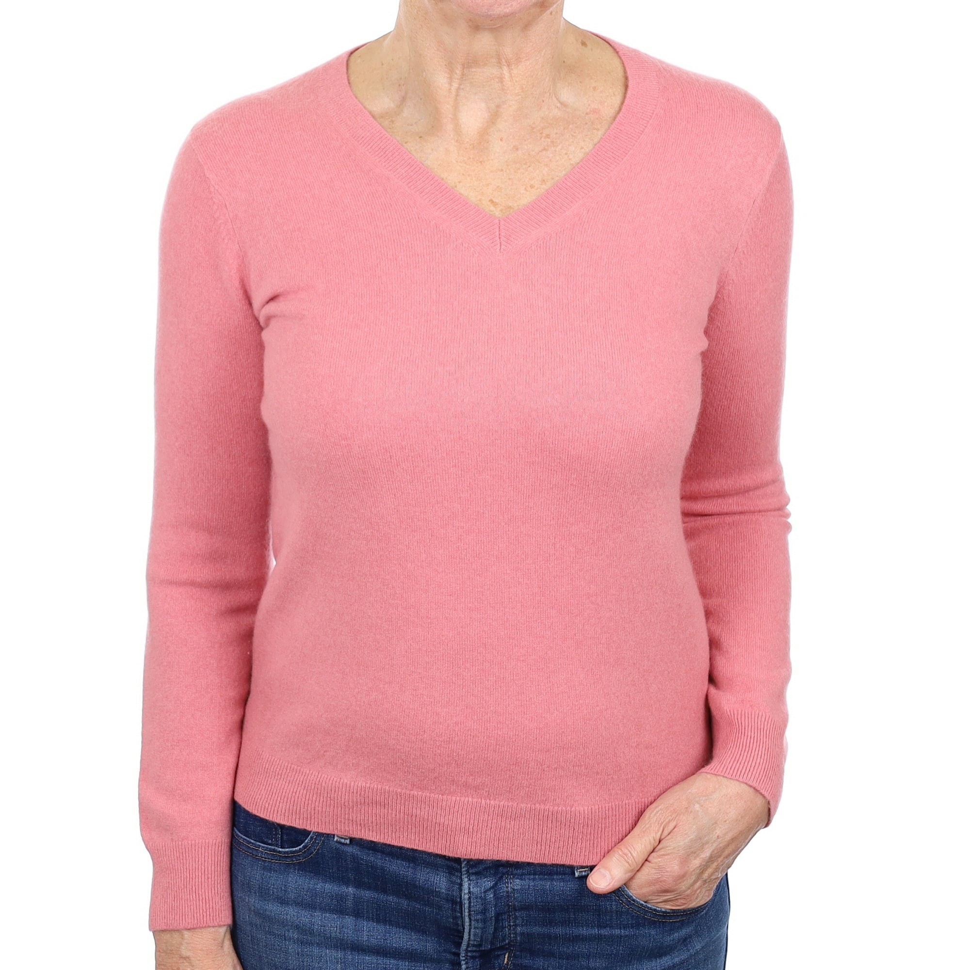 Peach Pink Cashmere V Neck Jumper Medium