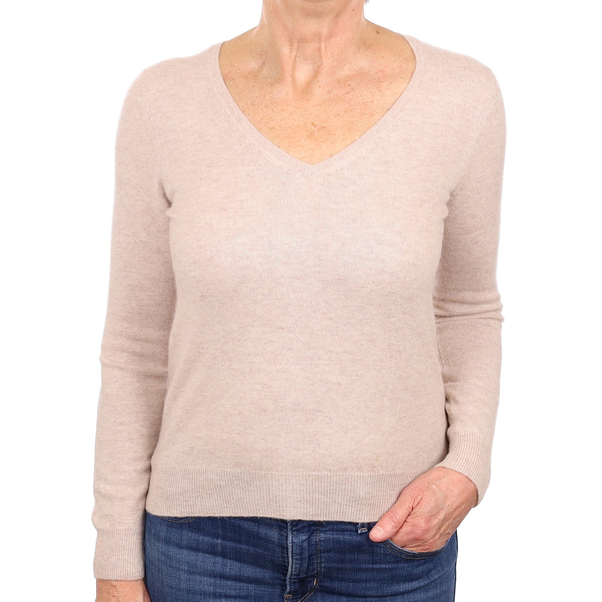 Repeat Oatmeal Cashmere V Neck Jumper Medium