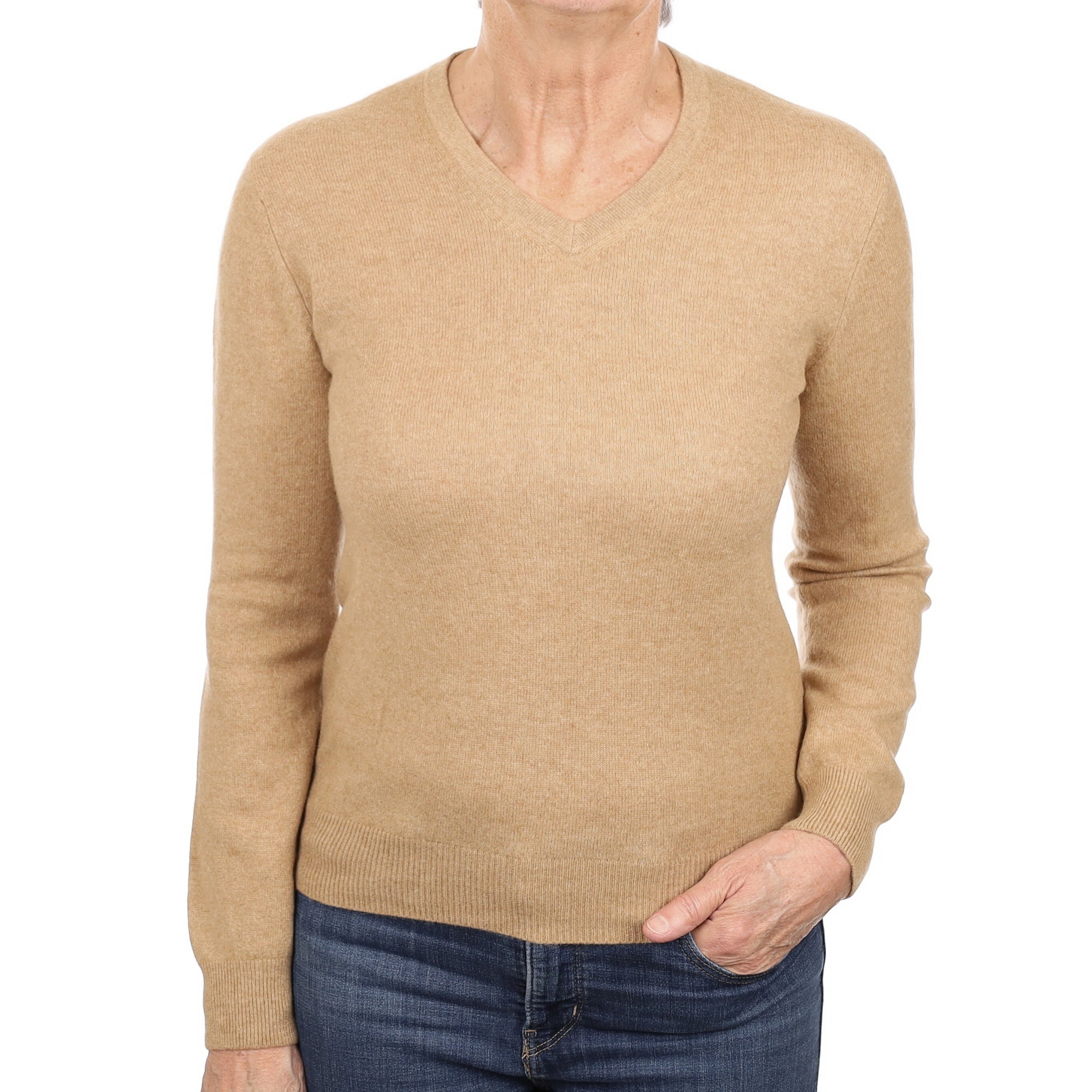 Caramel Brown Cashmere V Neck Jumper Medium