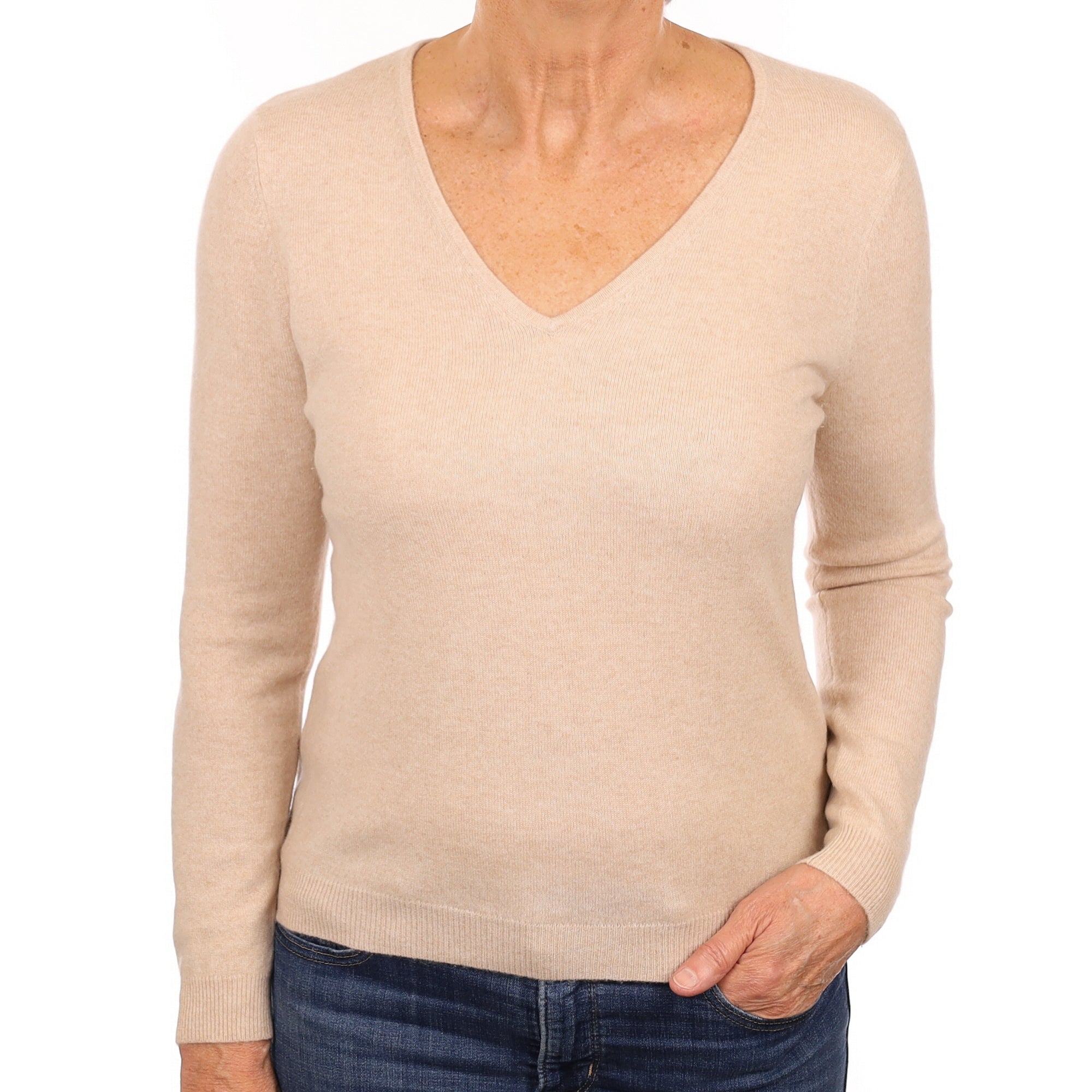 Soft Beige Cashmere V Neck Jumper Medium