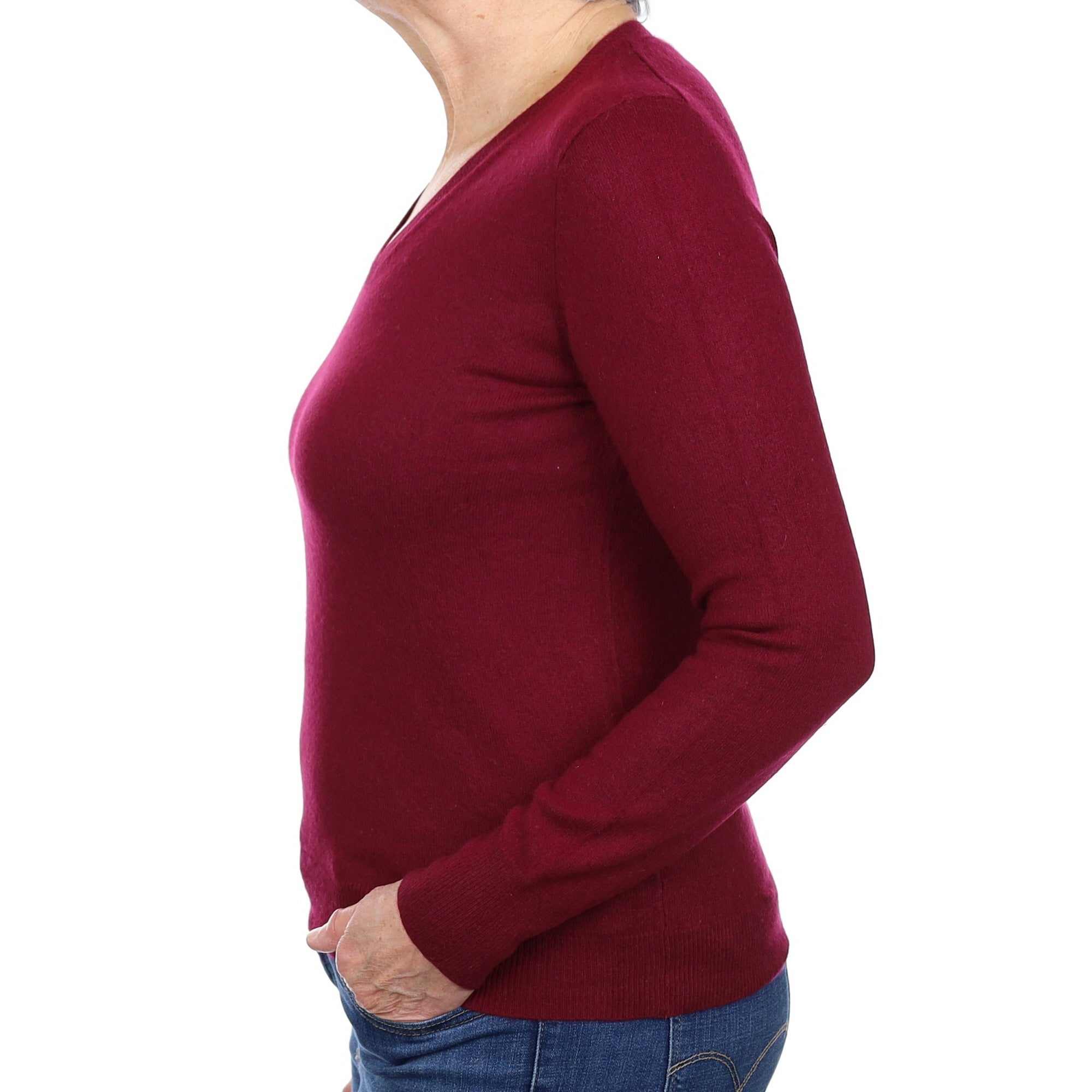 Wine Red Cashmere V Neck Jumper Medium