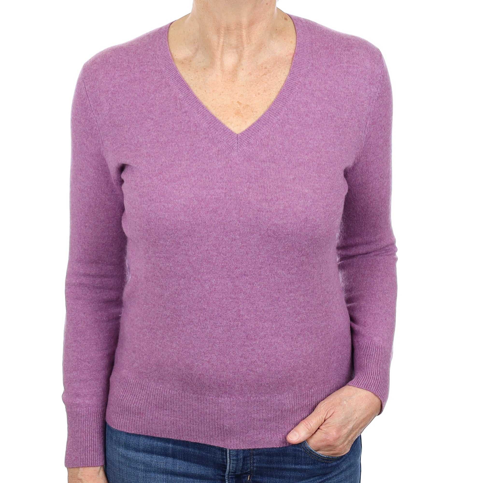Heather Purple Cashmere V Neck Jumper Medium