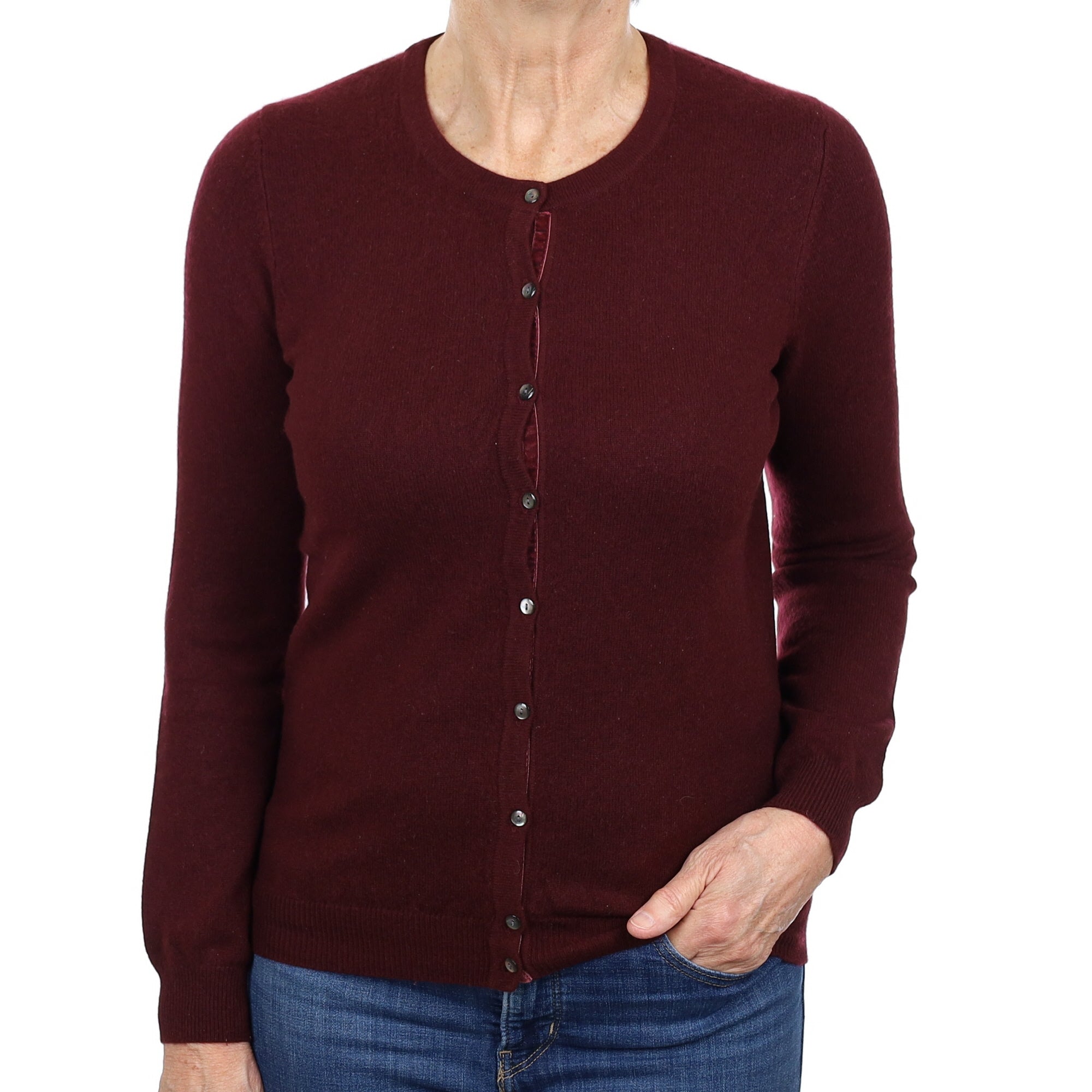 Port Red Cashmere Crew Neck Cardigan Medium