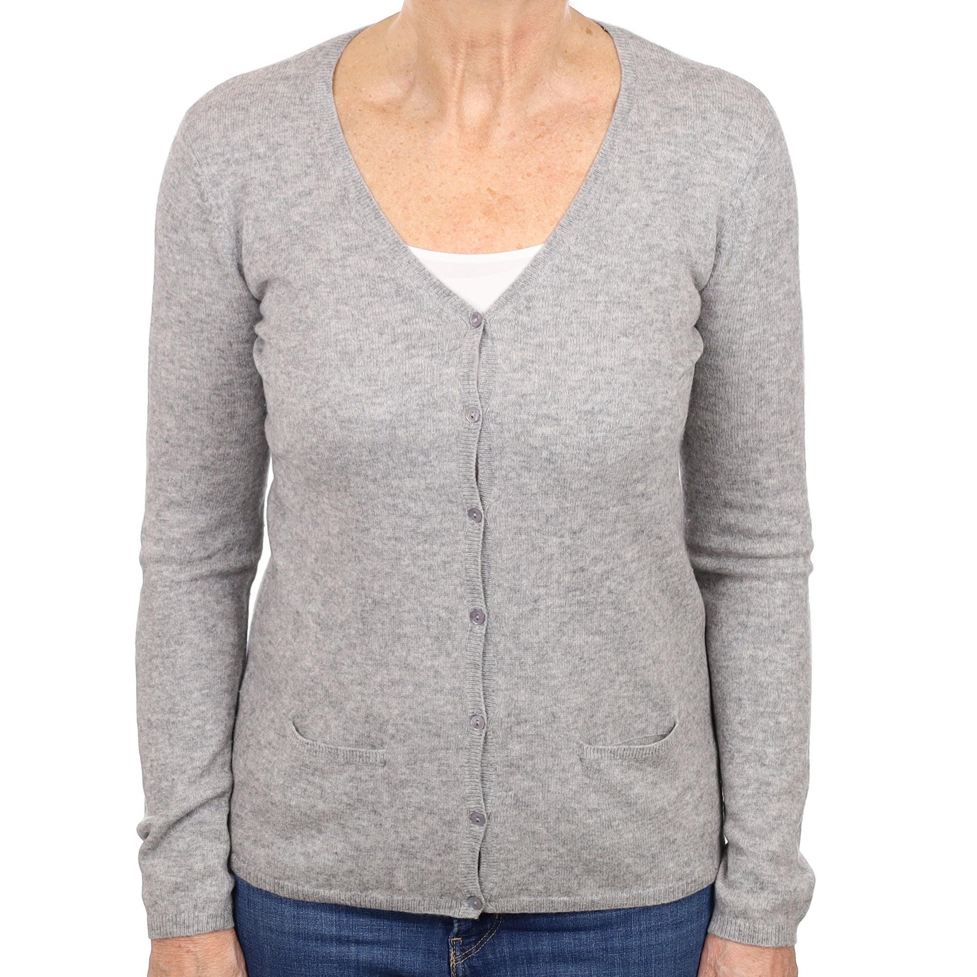 Smoke Grey Cashmere V Neck Cardigan with Pockets Medium