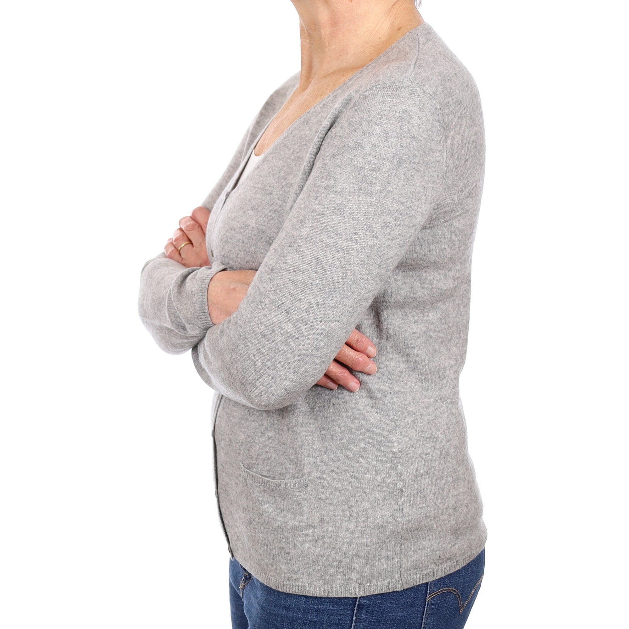 Smoke Grey Cashmere V Neck Cardigan with Pockets Medium