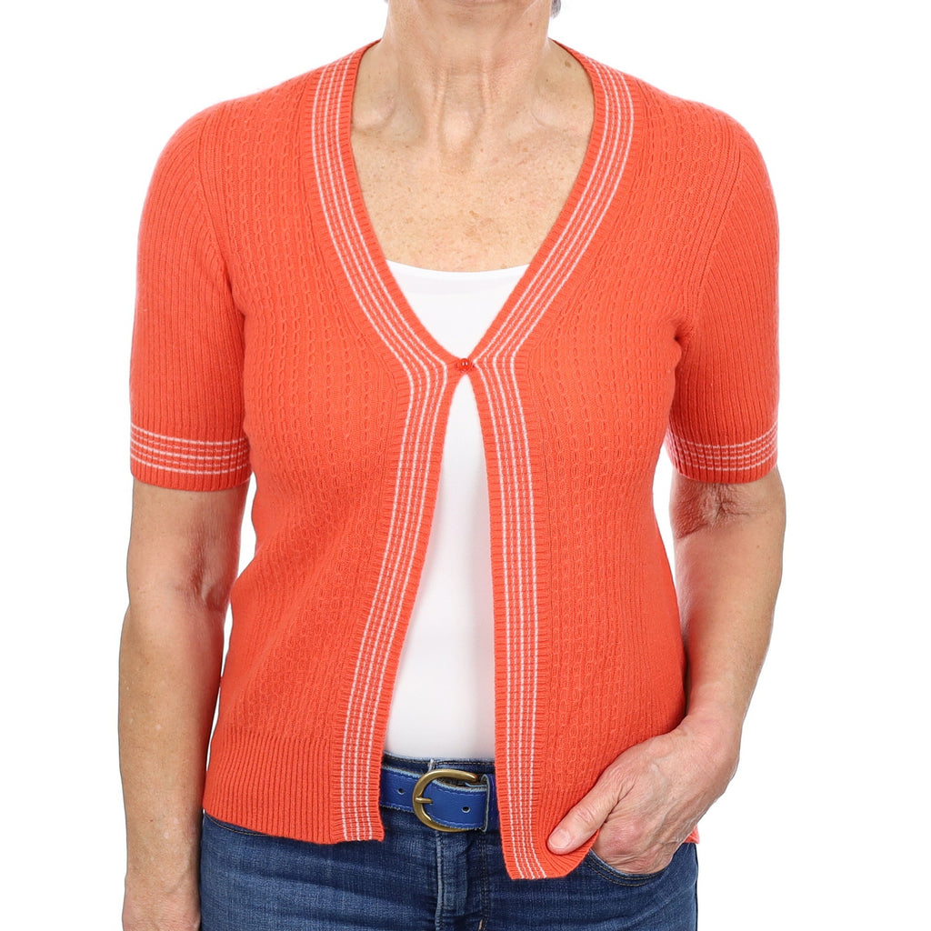 Sunset Orange Rib Cashmere Short Sleeved Cardigan Medium