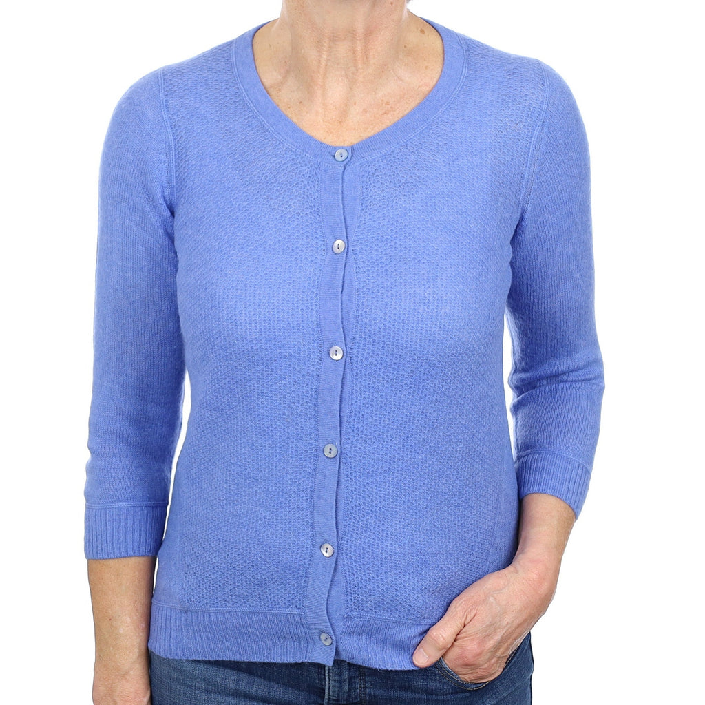 Cornflower Blue Textured Front Cashmere Crew Neck Cardigan Medium