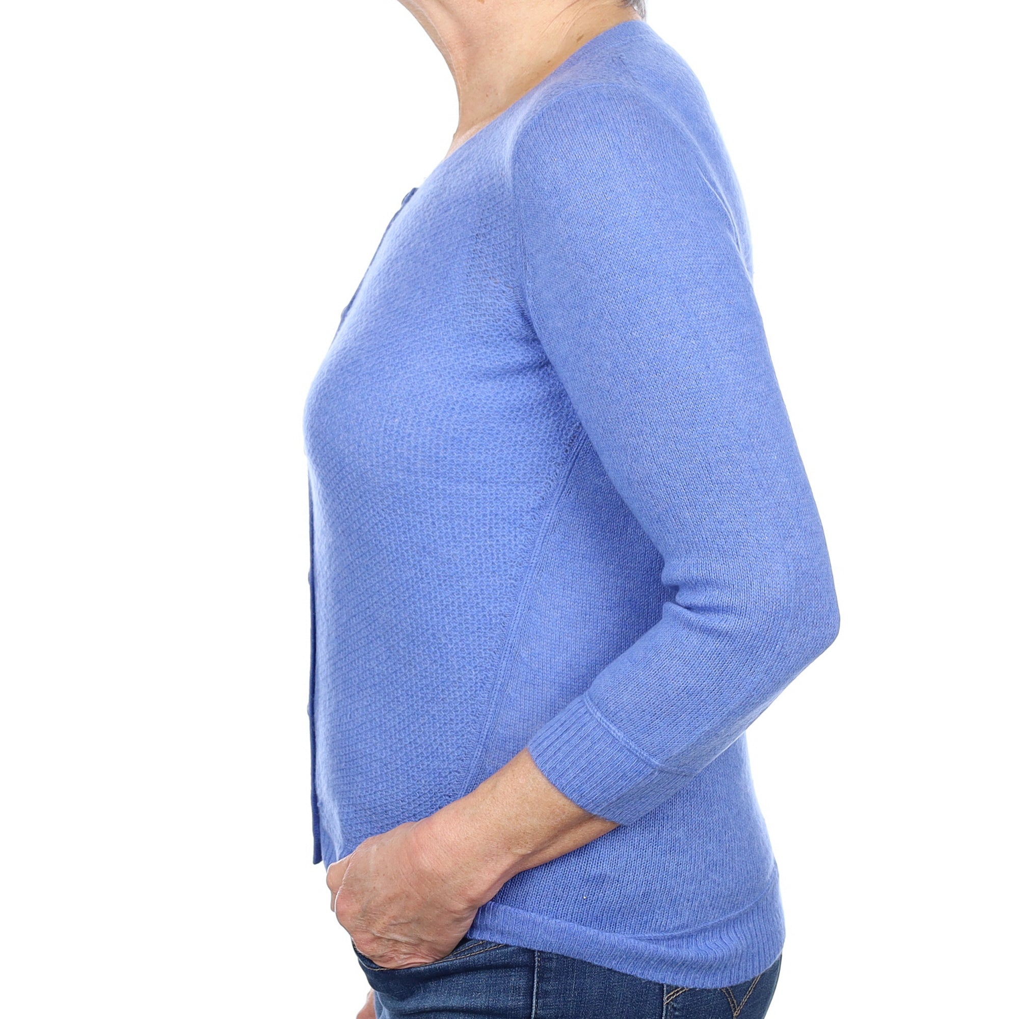 Cornflower Blue Textured Front Cashmere Crew Neck Cardigan Medium