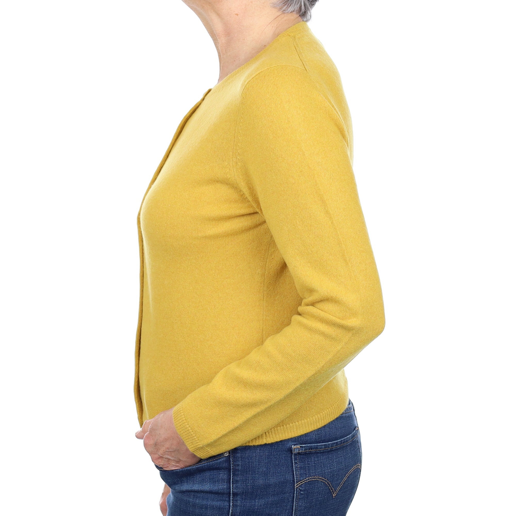 Mustard Yellow Cashmere Crew Neck Cardigan Medium