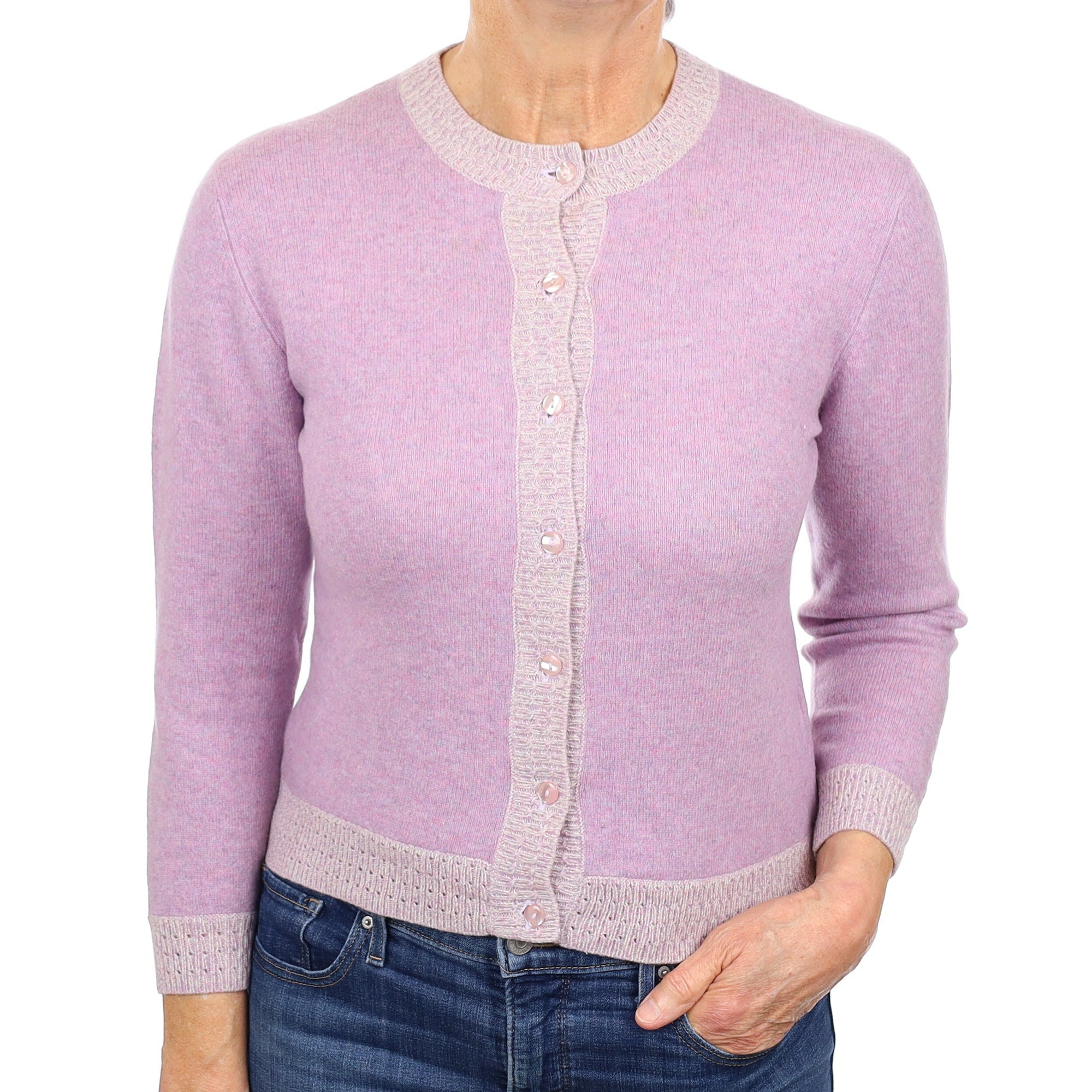 Lilac Marl Cashmere Contrast Trim Crew Neck Cardigan Medium