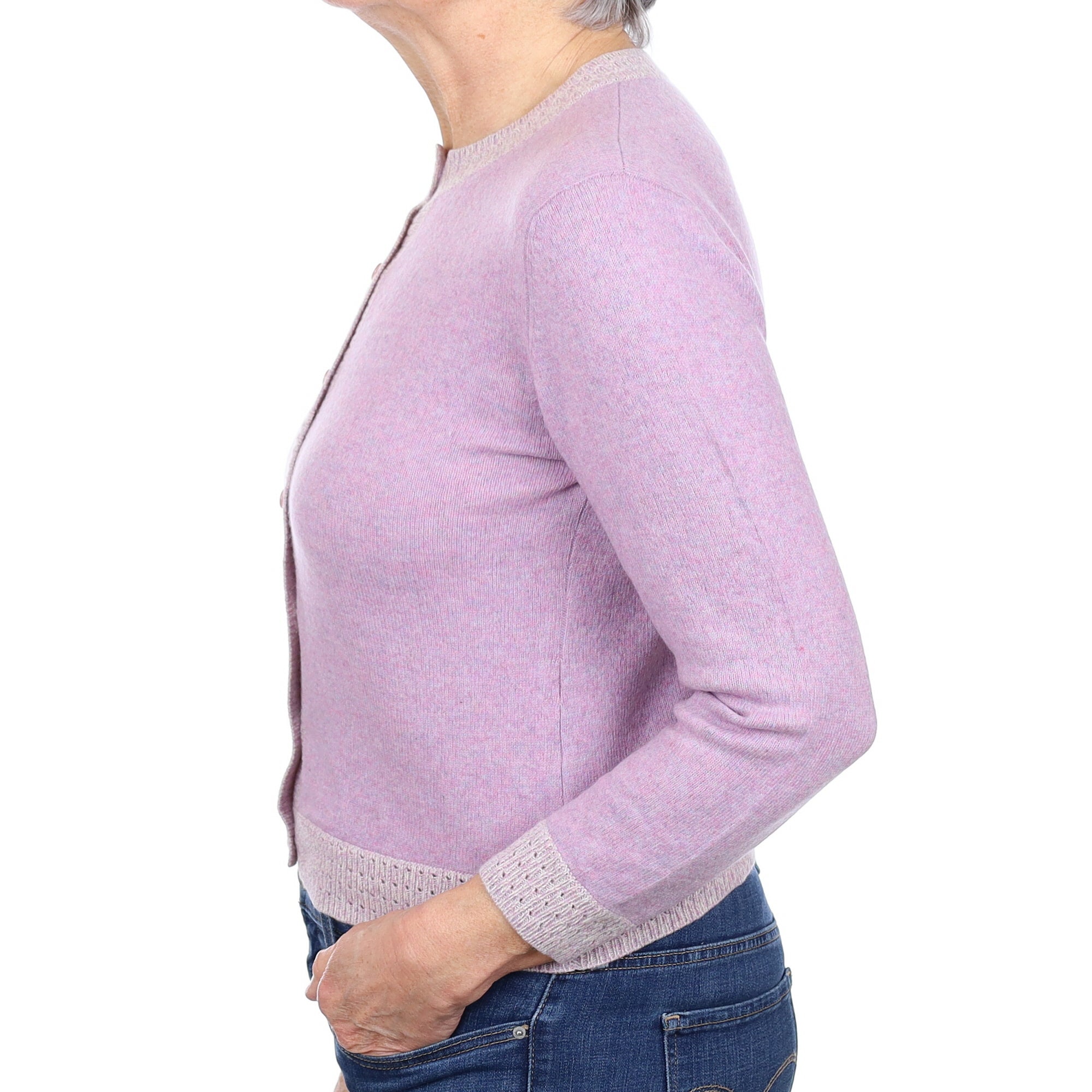Lilac Marl Cashmere Contrast Trim Crew Neck Cardigan Medium