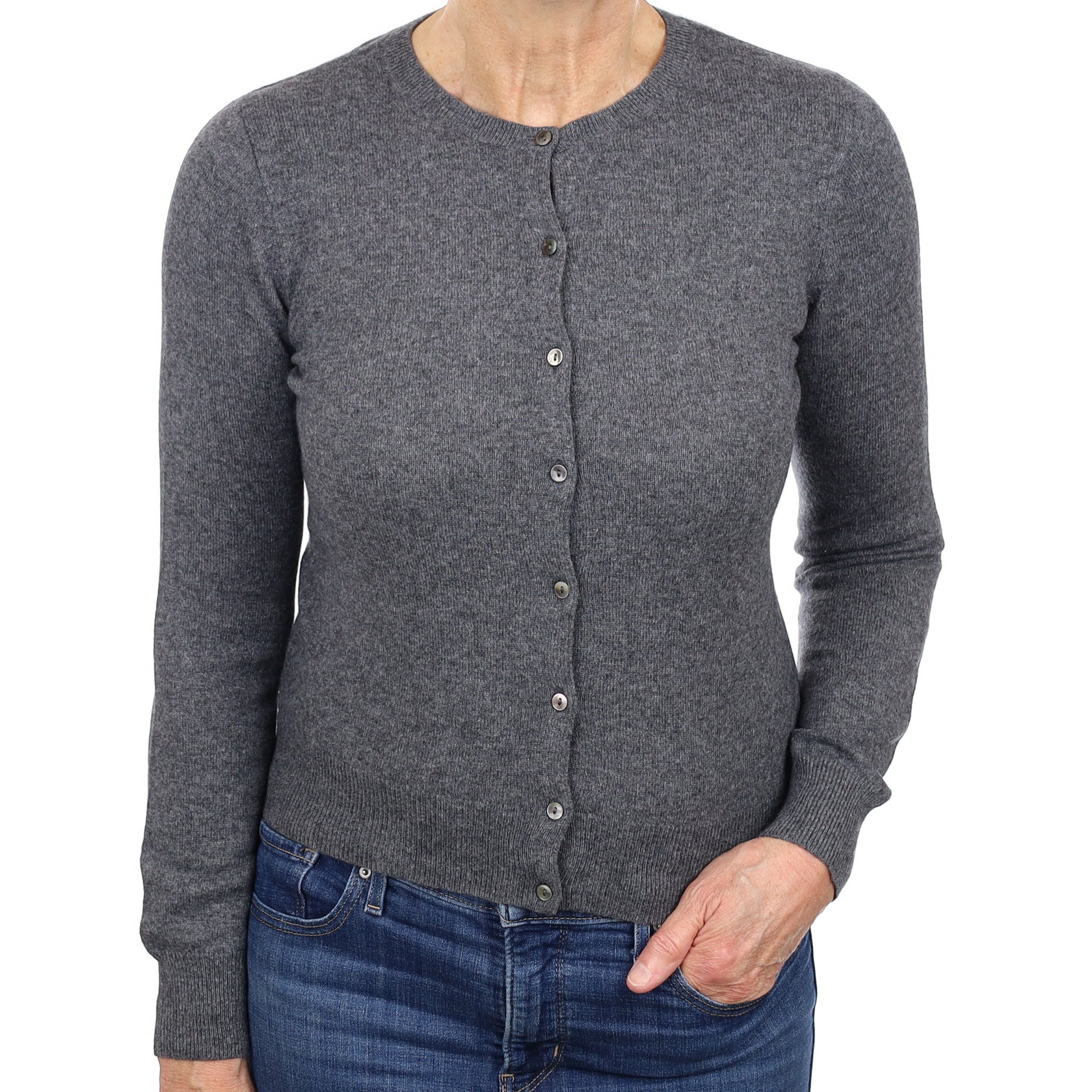 Slate Grey Cashmere Crew Neck Cardigan Medium