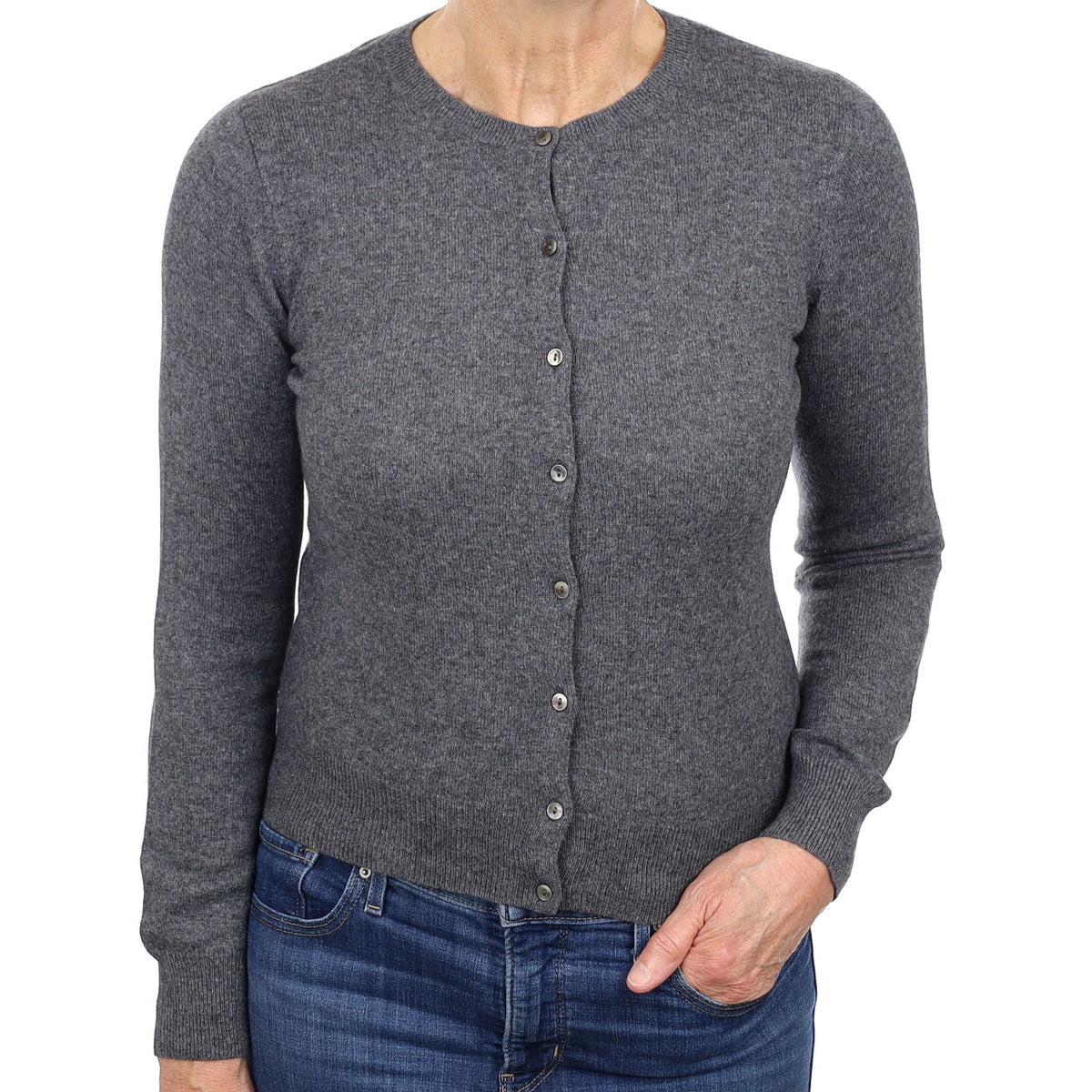 Slate Grey Cashmere Crew Neck Cardigan Medium