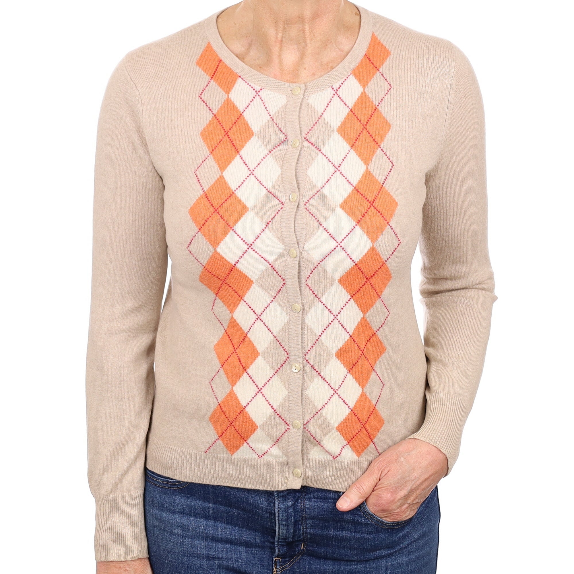 Beige and Orange Argyle Cashmere Crew Neck Cardigan Medium