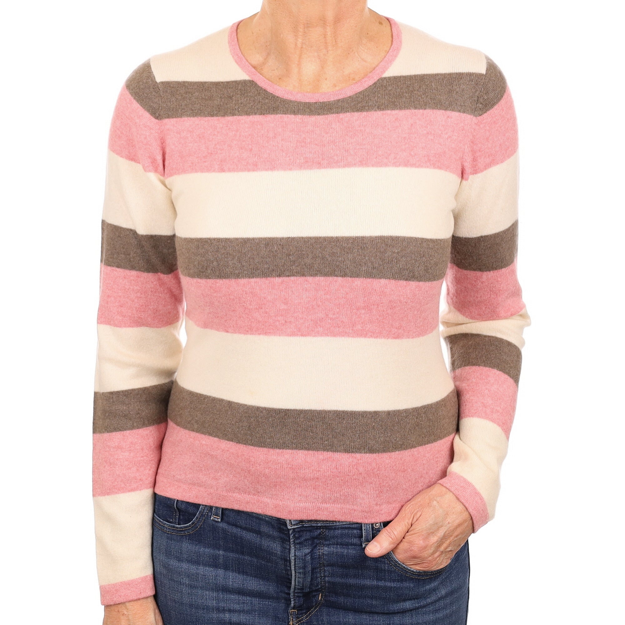 Blush and Mocha Stripe Cashmere Crew Neck Jumper Medium