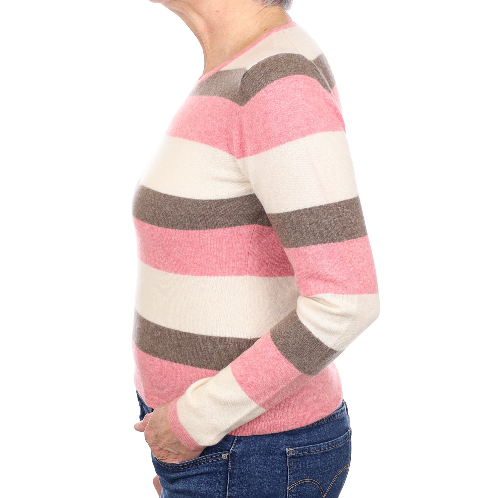 Blush and Mocha Stripe Cashmere Crew Neck Jumper Medium
