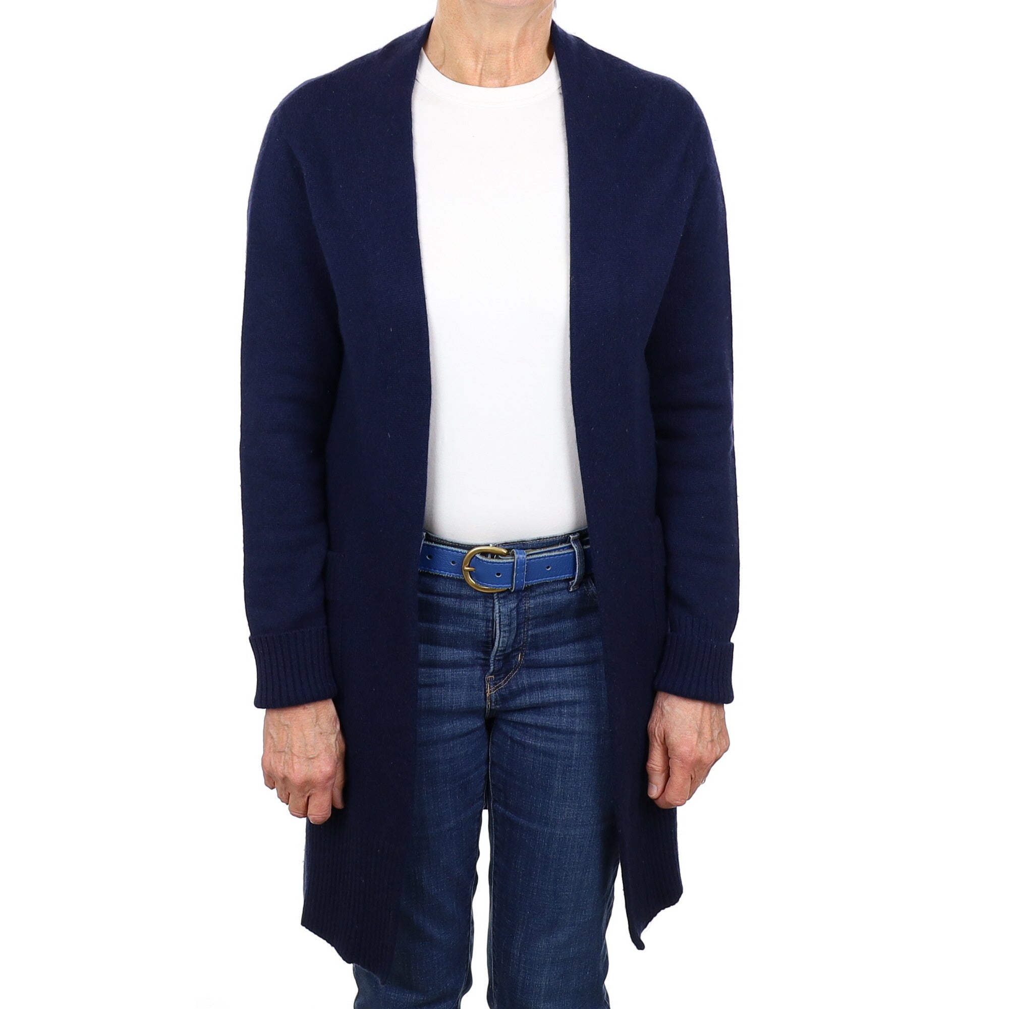 Navy Blue Cashmere Edge to Edge Cardigan with Pockets Medium