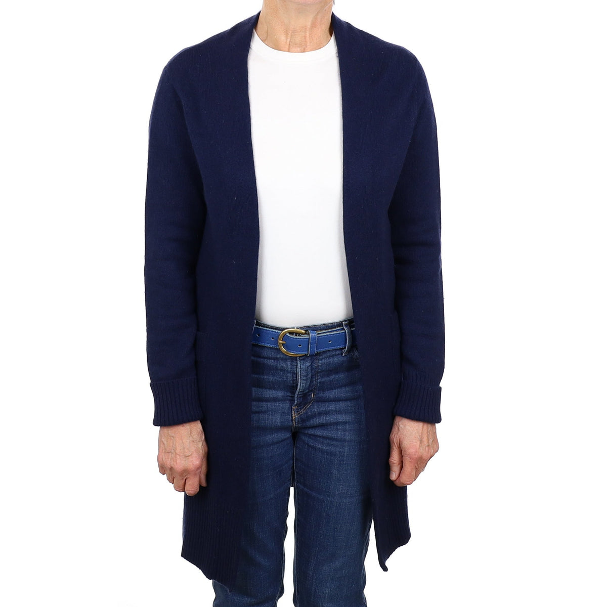 Navy Blue Cashmere Edge to Edge Cardigan with Pockets Medium