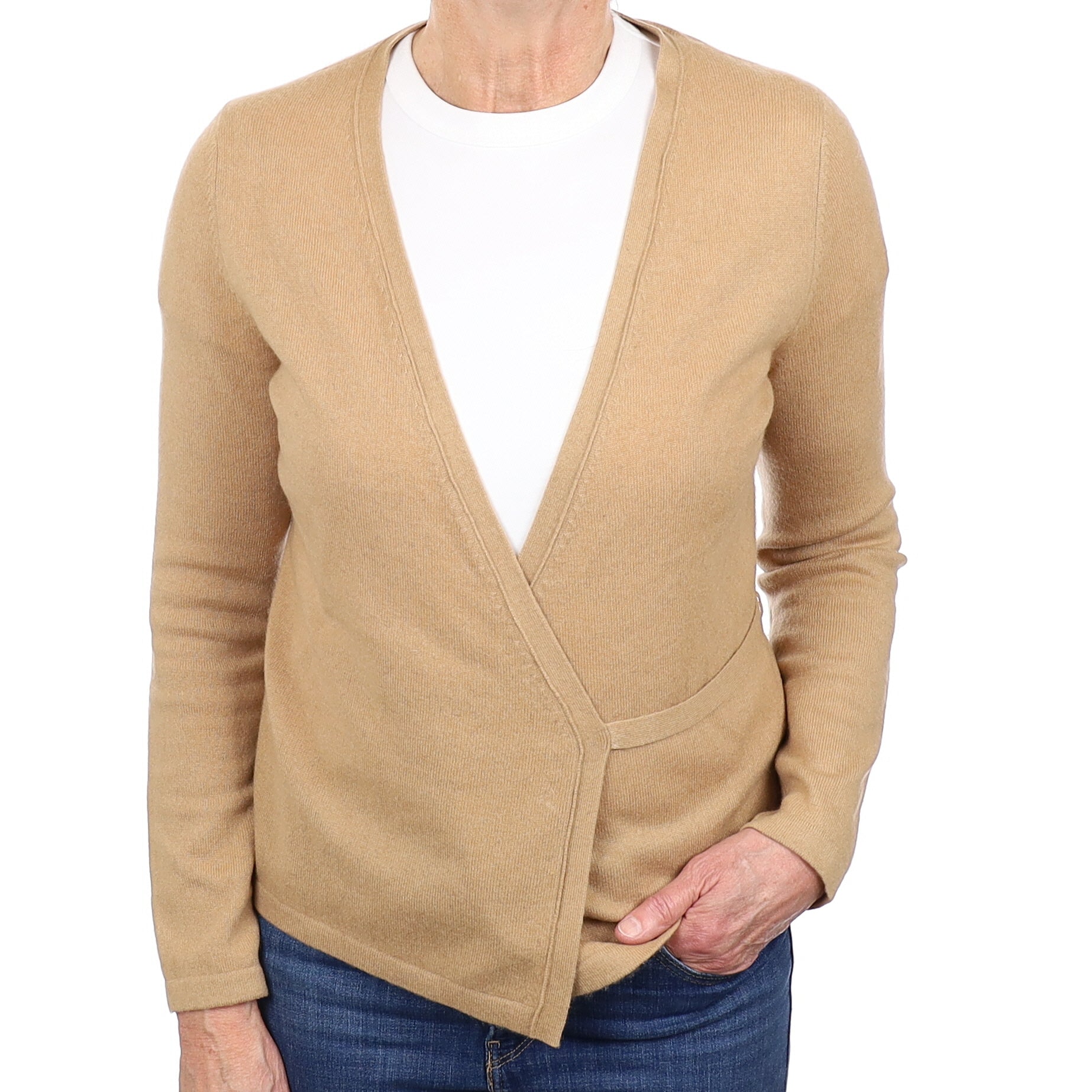 Caramel Brown Cashmere Cross Over V Neck Cardigan Medium