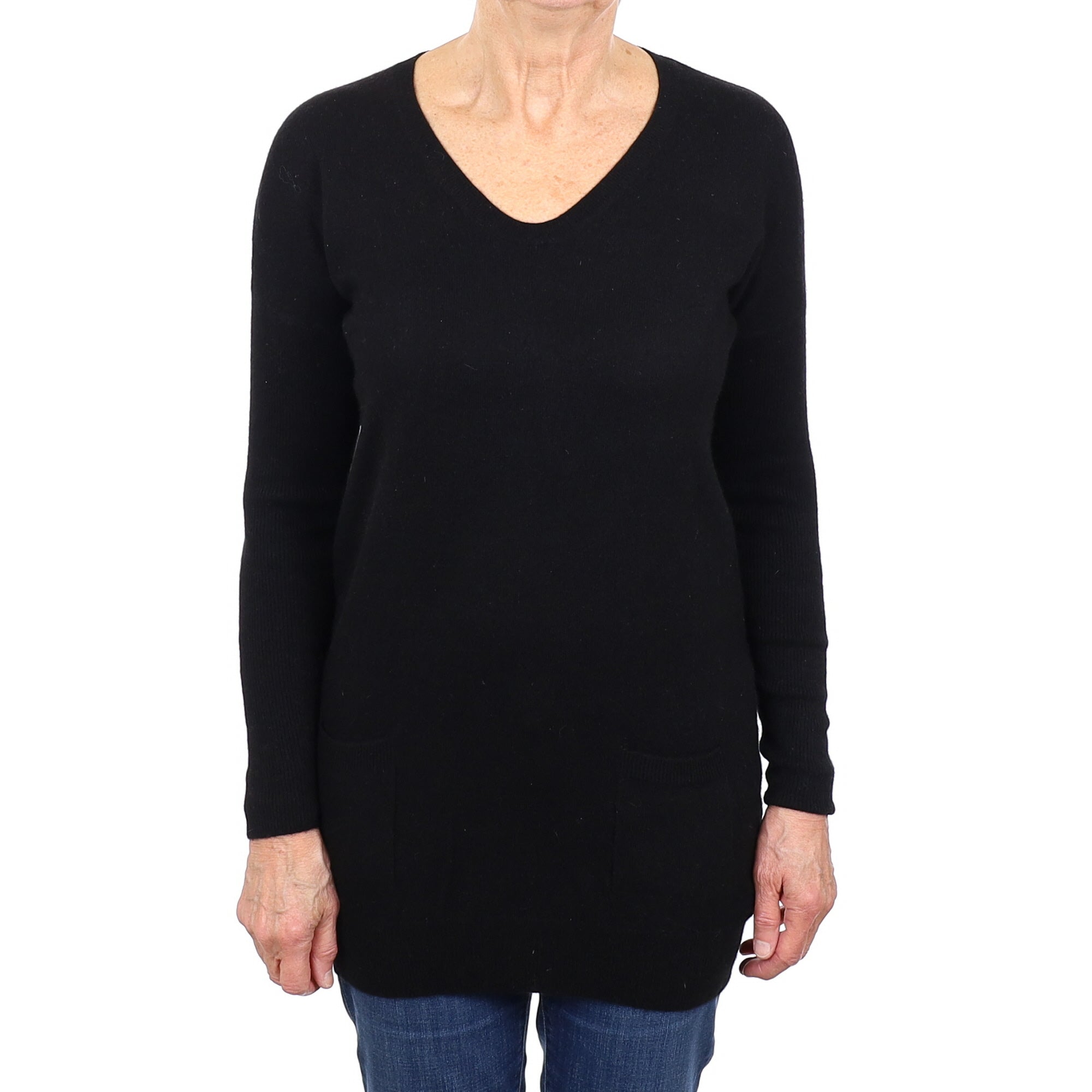 Black Cashmere Longline V Neck Jumper with Pockets Medium
