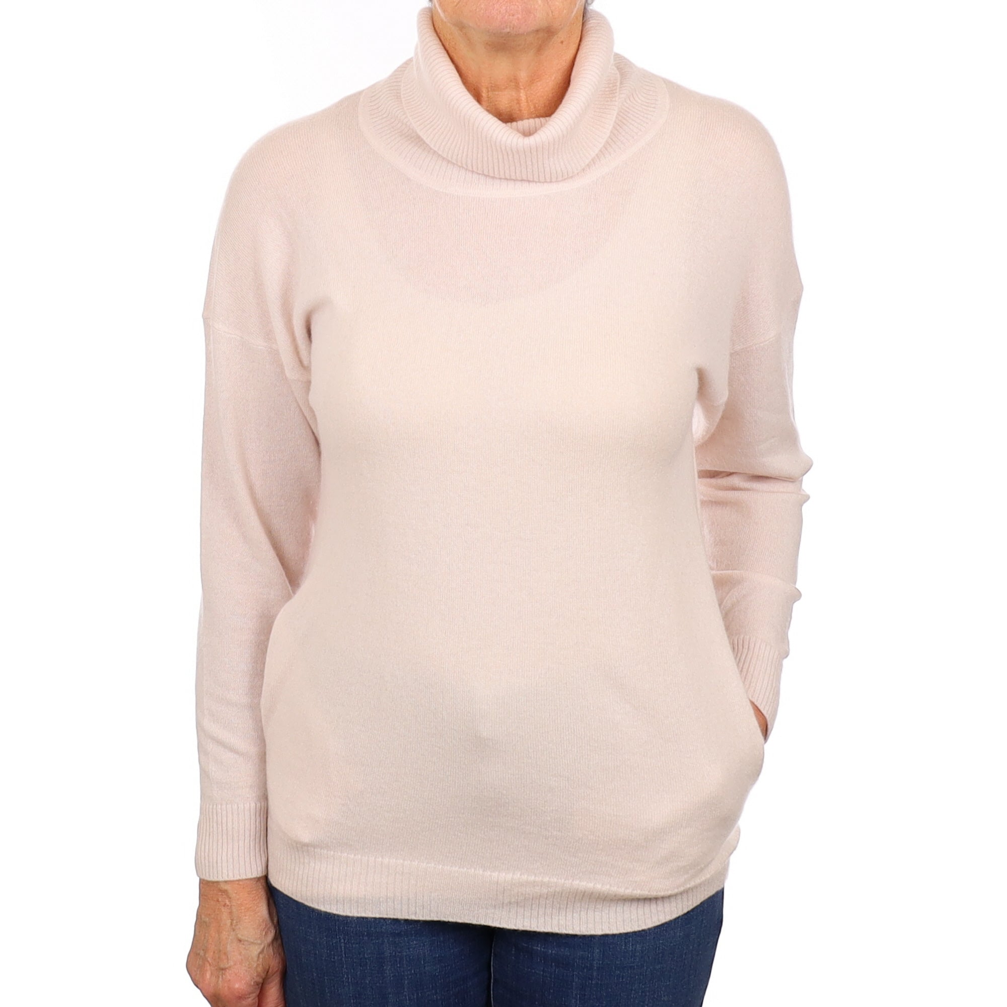 Palest Pink Cashmere Polo Neck Jumper with Pockets Medium