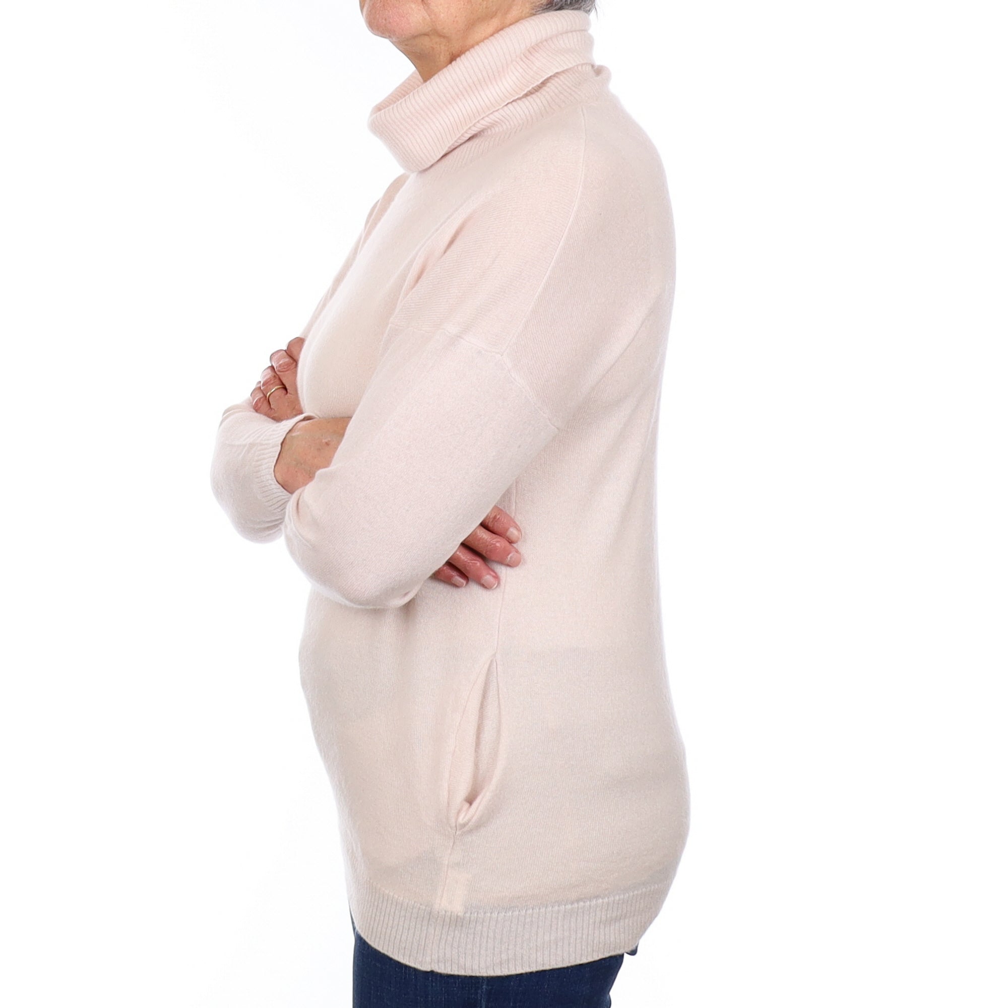 Palest Pink Cashmere Polo Neck Jumper with Pockets Medium