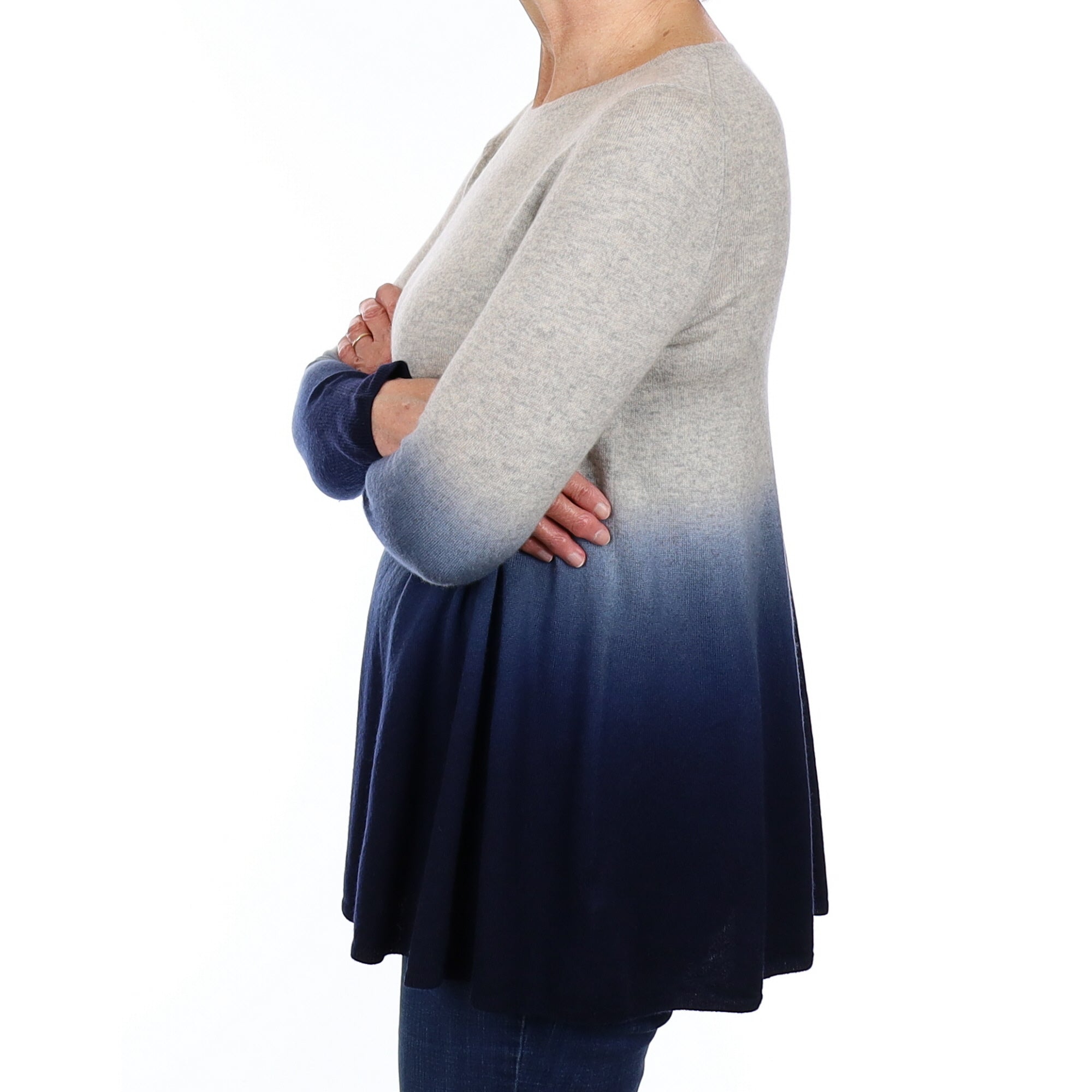 Cocoa Grey and Navy Ombré Cashmere Crew Neck Jumper Medium