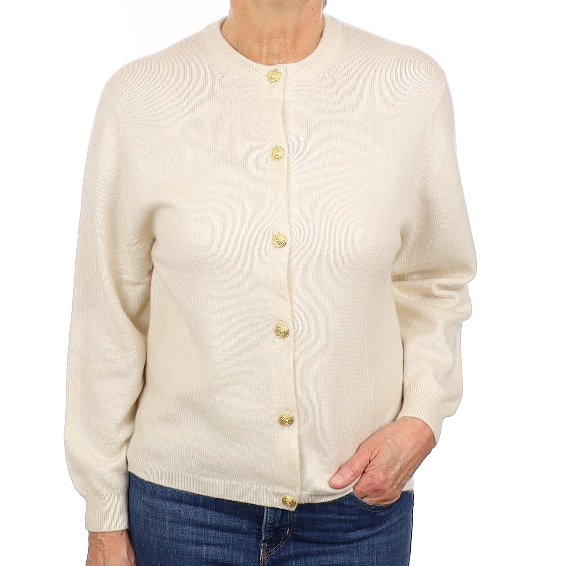 Johnston’s Ivory Cashmere Crew Neck Cardigan Medium