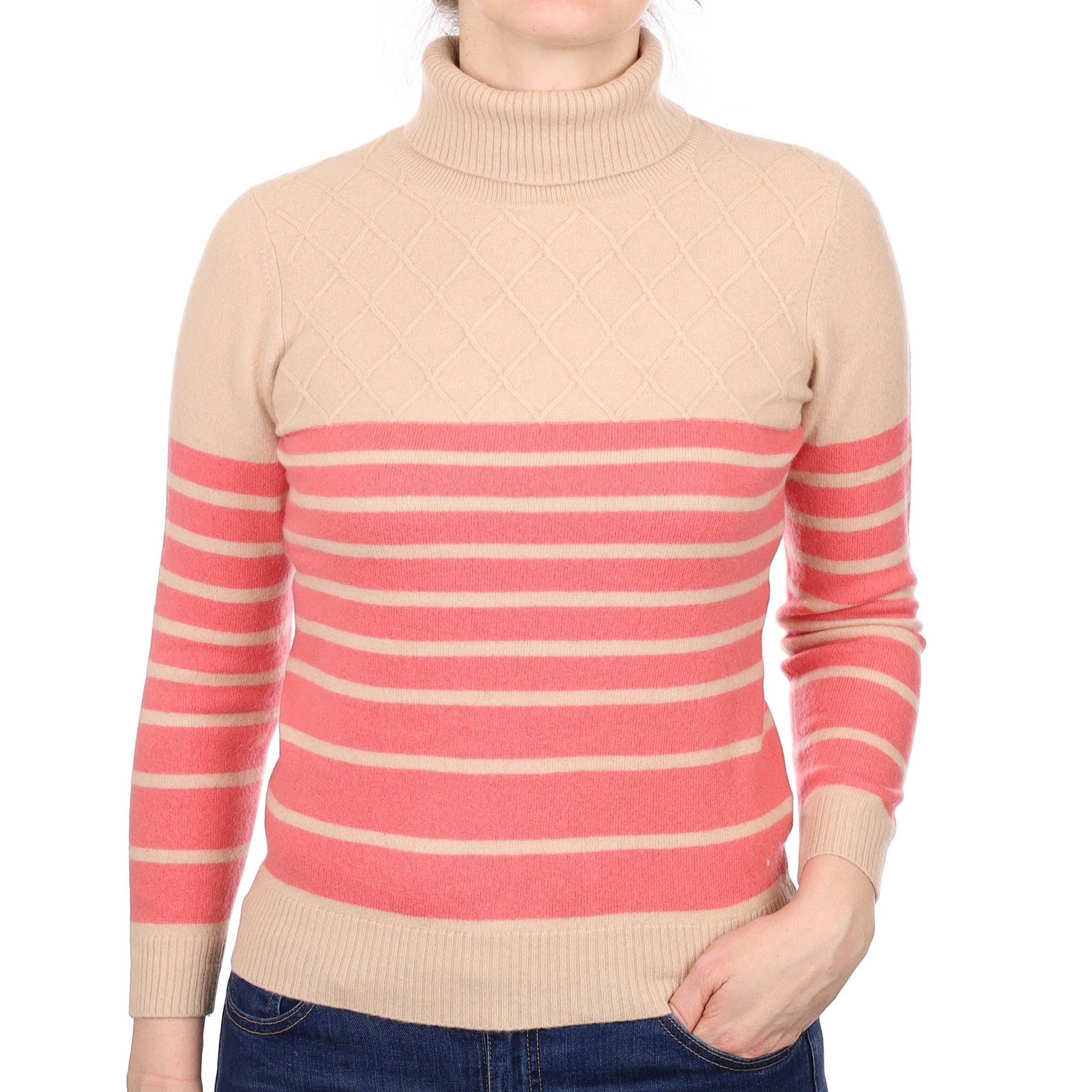 Beige and Pink Stripe Cashmere Polo Neck Jumper Small