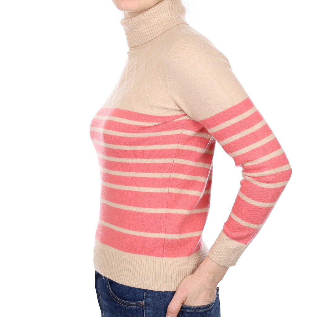 Beige and Pink Stripe Cashmere Polo Neck Jumper Small