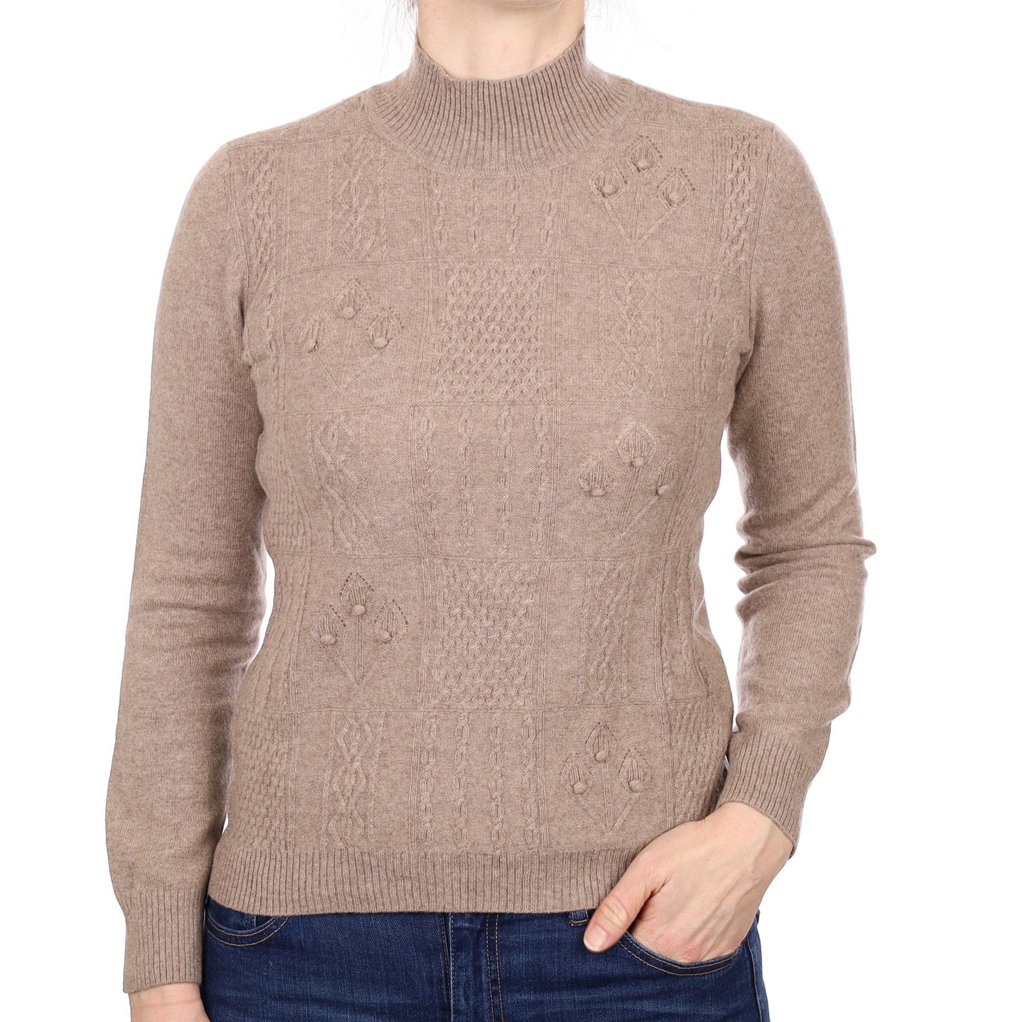 Mocha Textured Front Cashmere Turtleneck Jumper Small