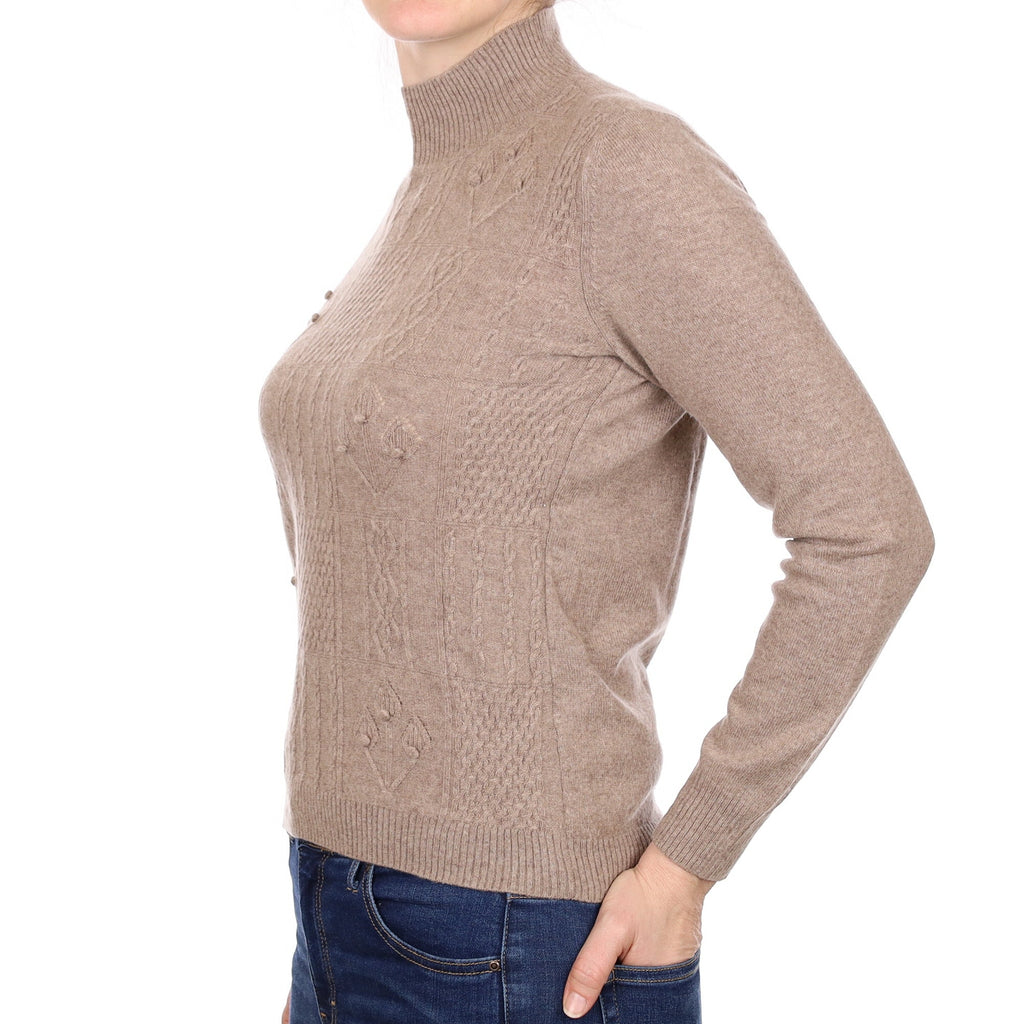 Mocha Textured Front Cashmere Turtleneck Jumper Small