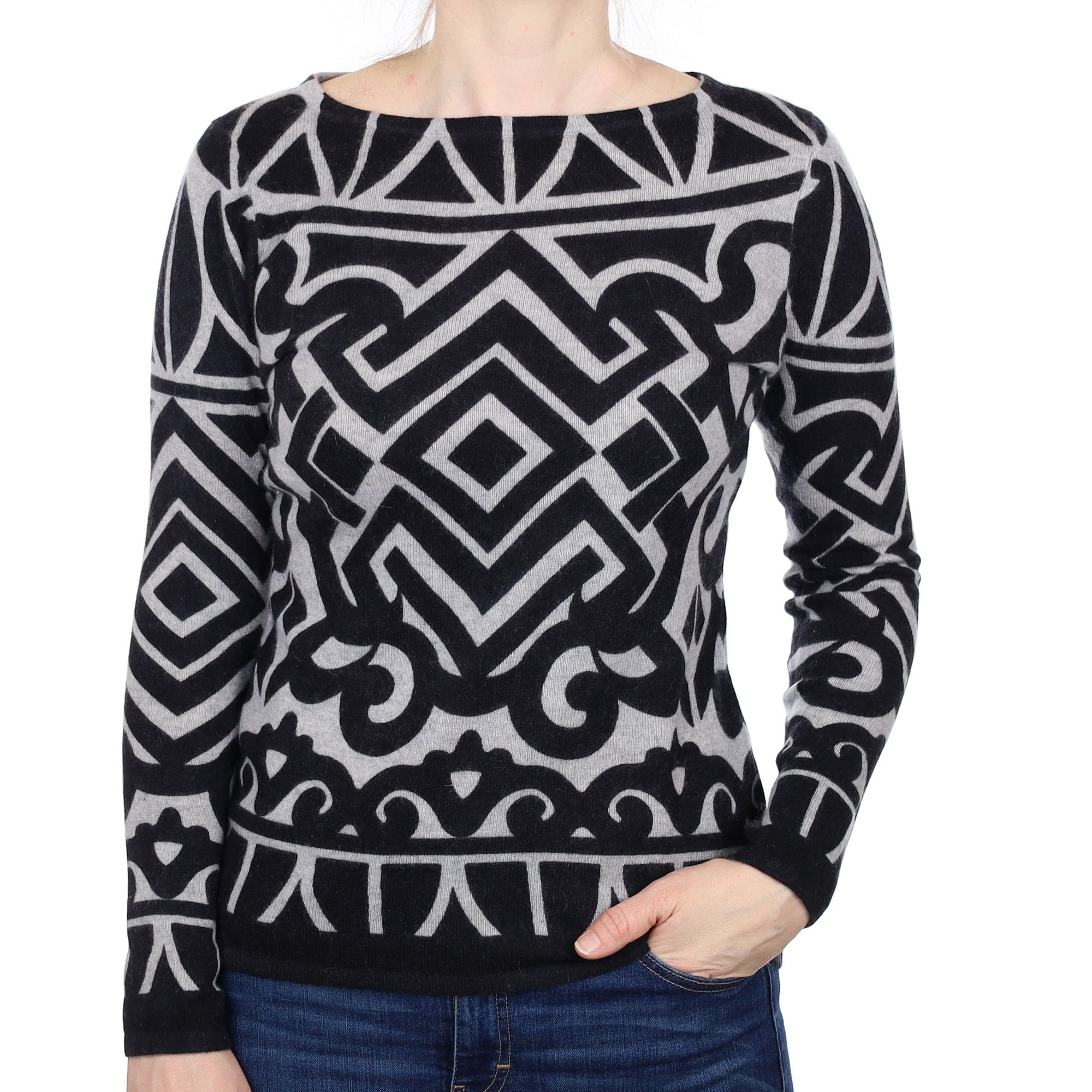 Charcoal Patterned Cashmere Wide Crew Neck Jumper Small