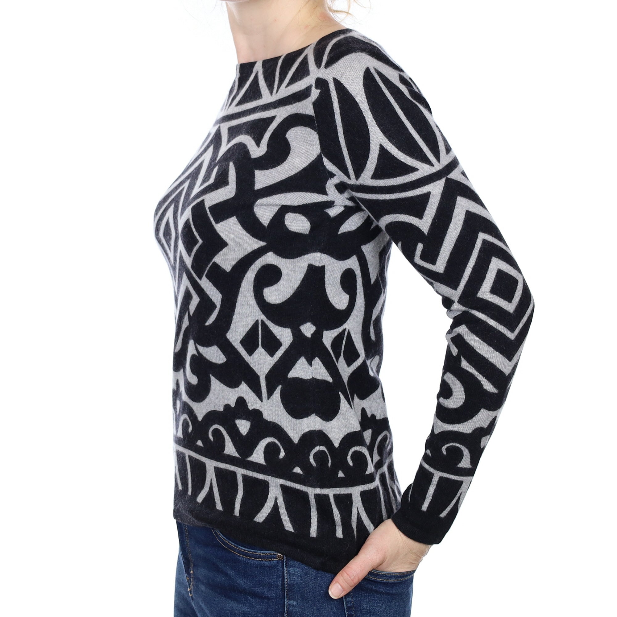 Charcoal Patterned Cashmere Wide Crew Neck Jumper Small