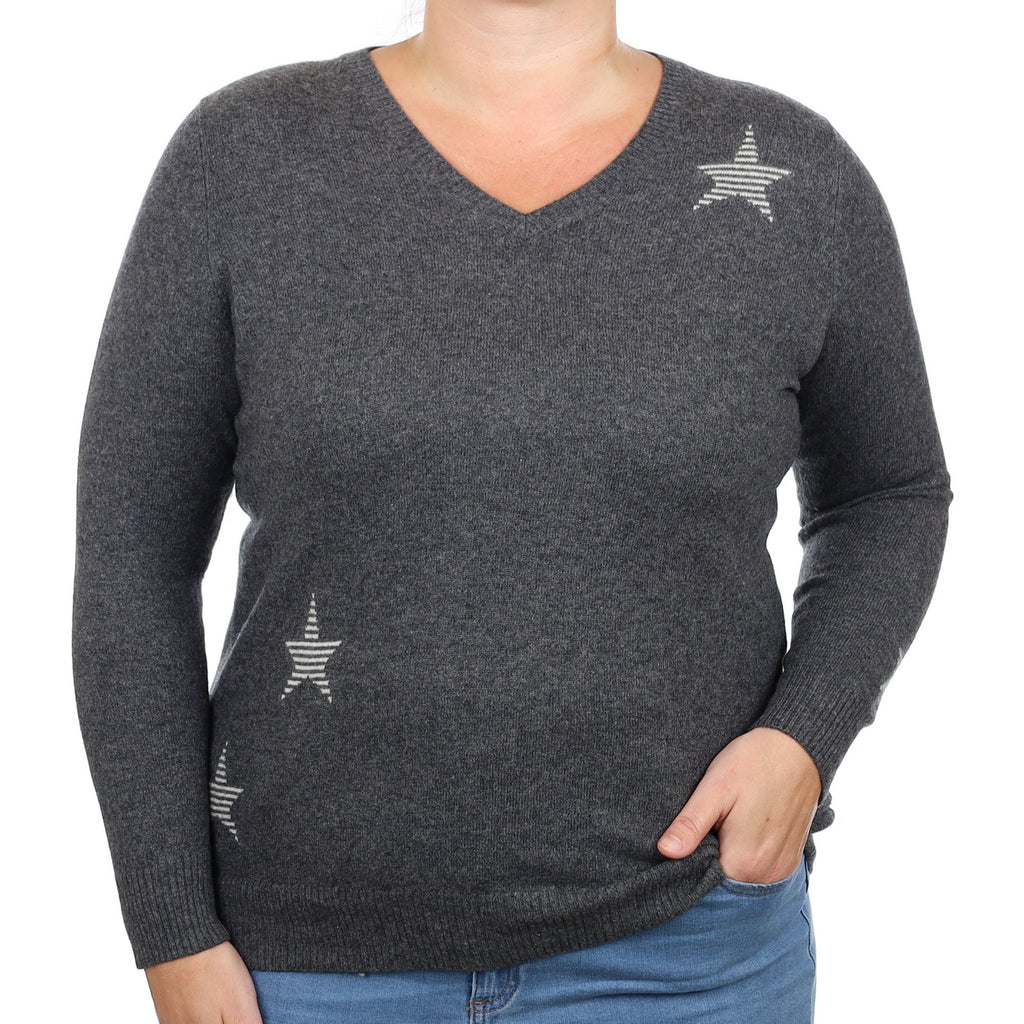 Slate Grey Star Cashmere V Neck Jumper Large