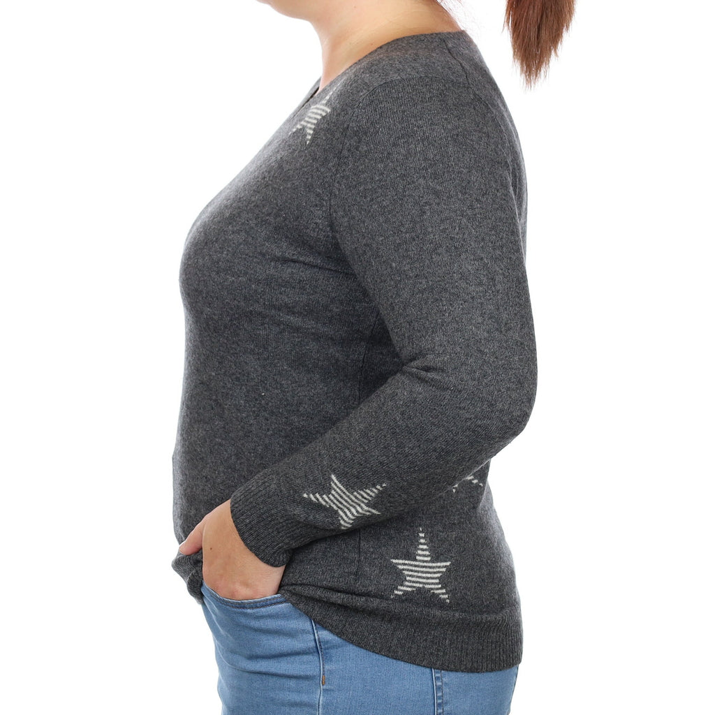 Slate Grey Star Cashmere V Neck Jumper Large