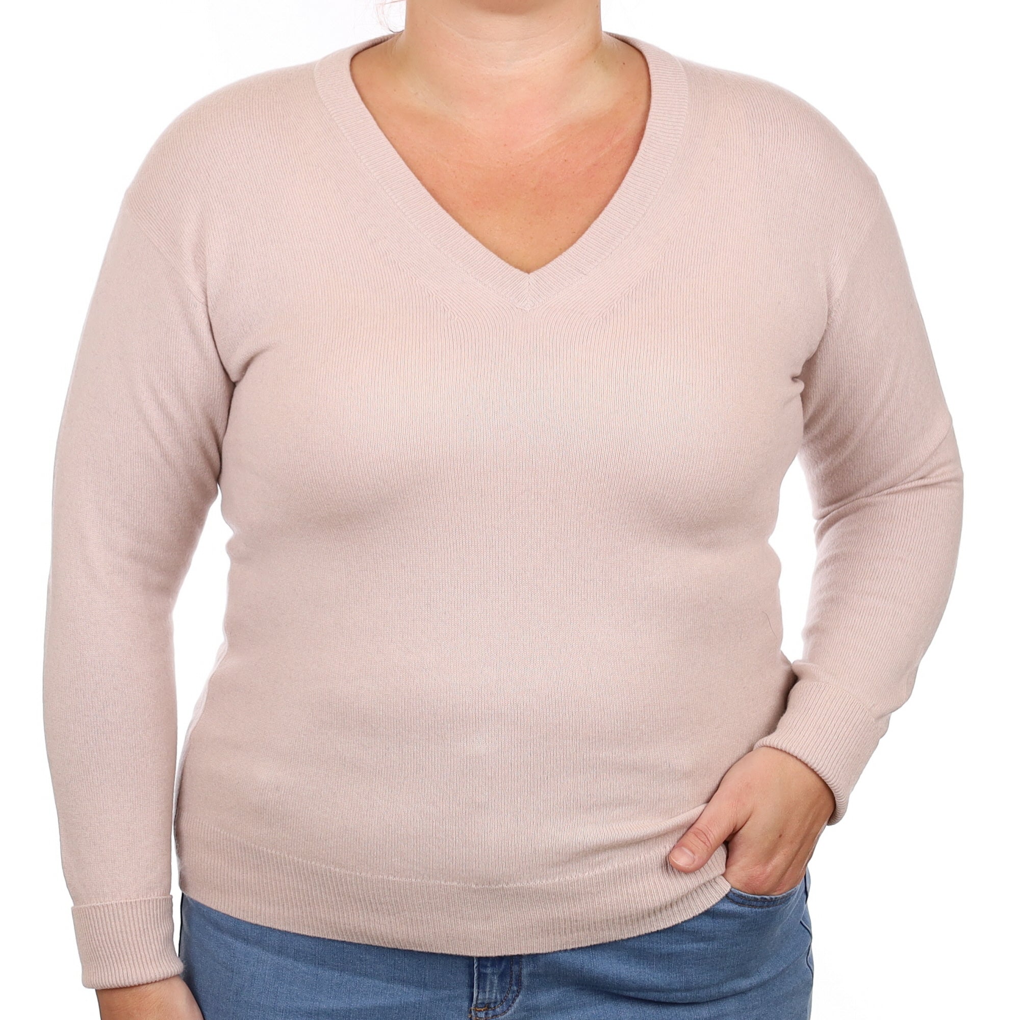 Oyster Grey Cashmere V Neck Jumper Large