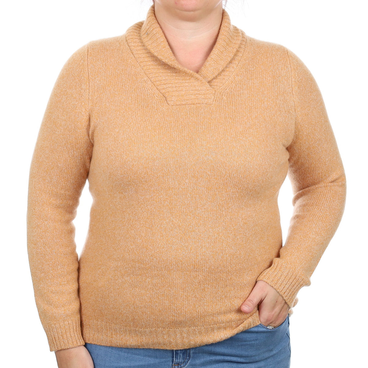 Orange Marl Cashmere Shawl Collar V Neck Jumper Large