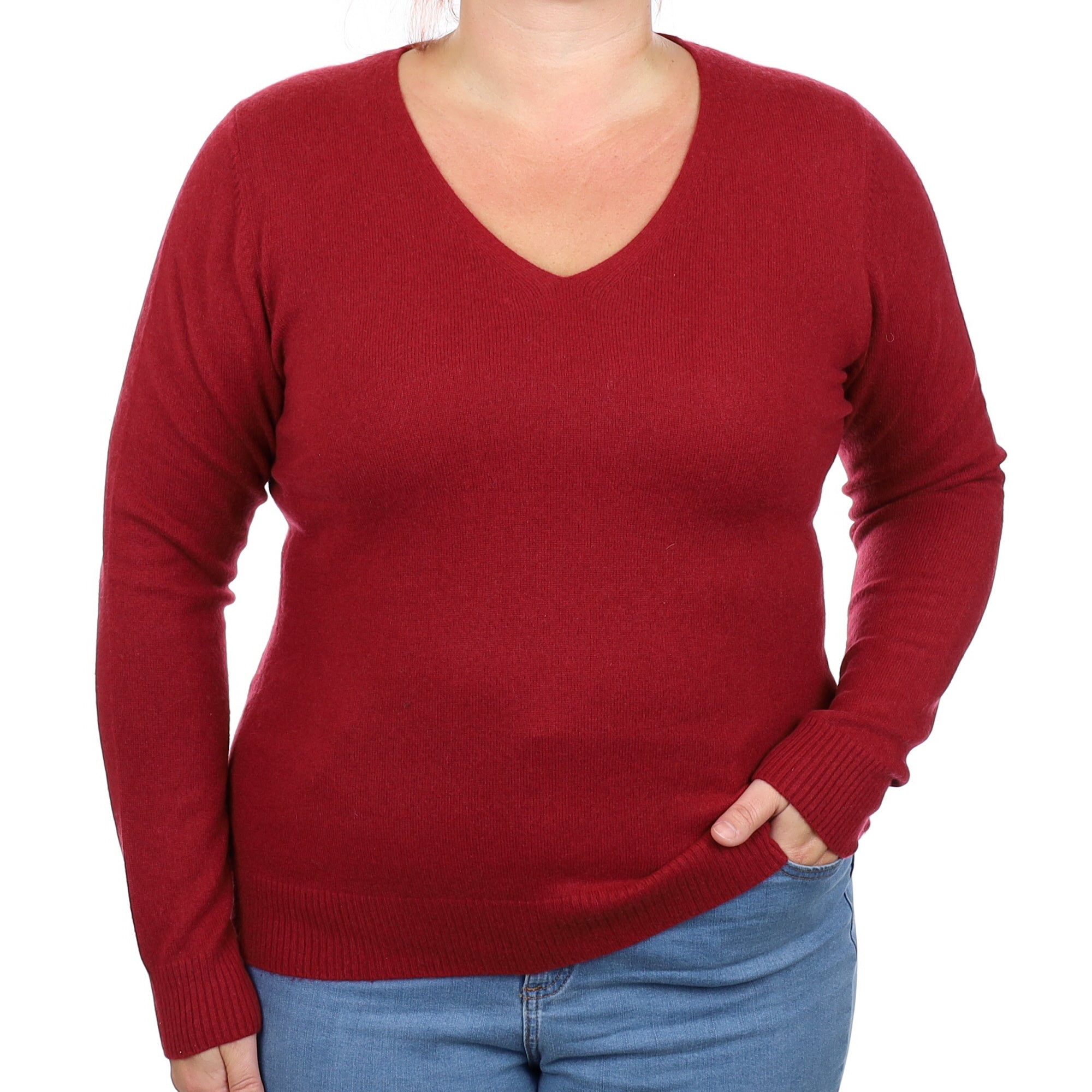 Burgundy Red Cashmere V Neck Jumper Large