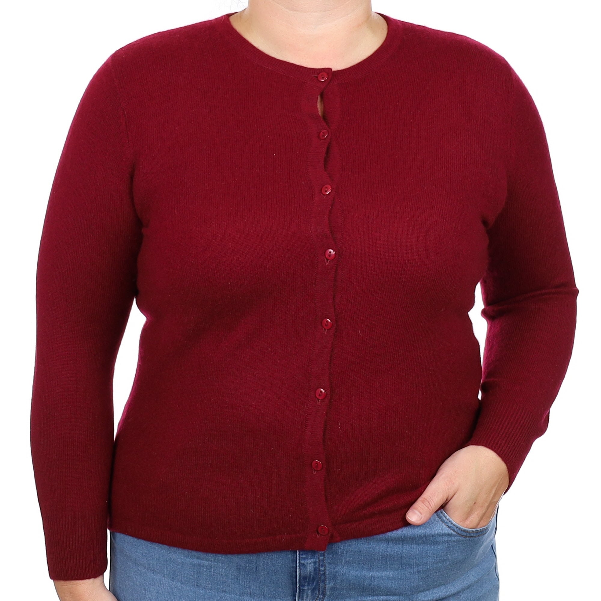 Garnet Red Cashmere Crew Neck Cardigan Large